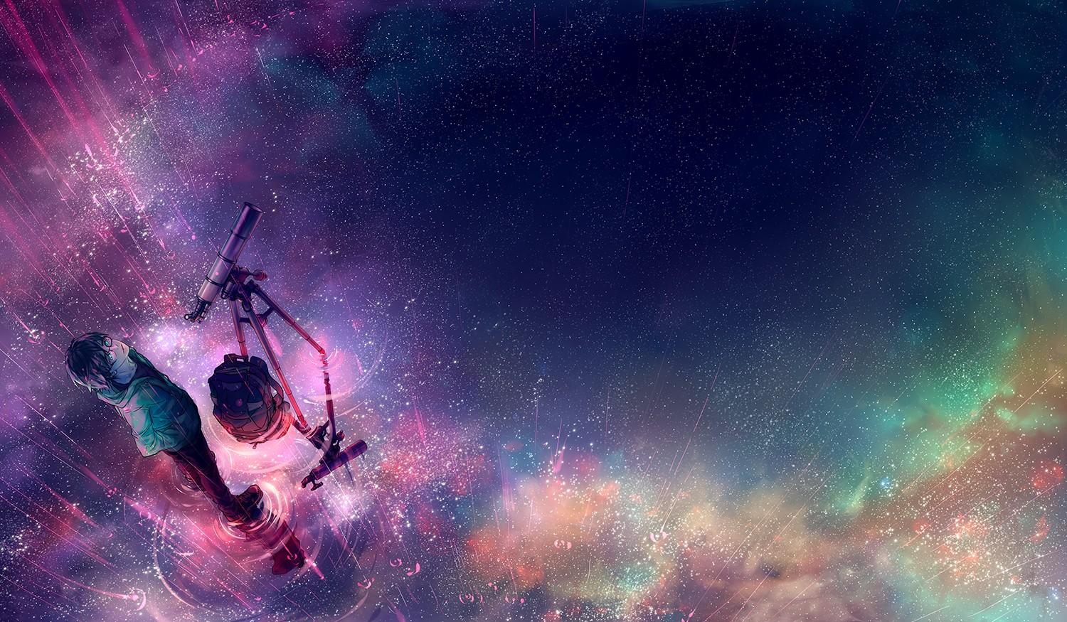 1500x875 #rain, #nebula, #stars, #artwork, #anime, #telescope, #galaxy, #Yuumei, wallpaper HD Wallpaper