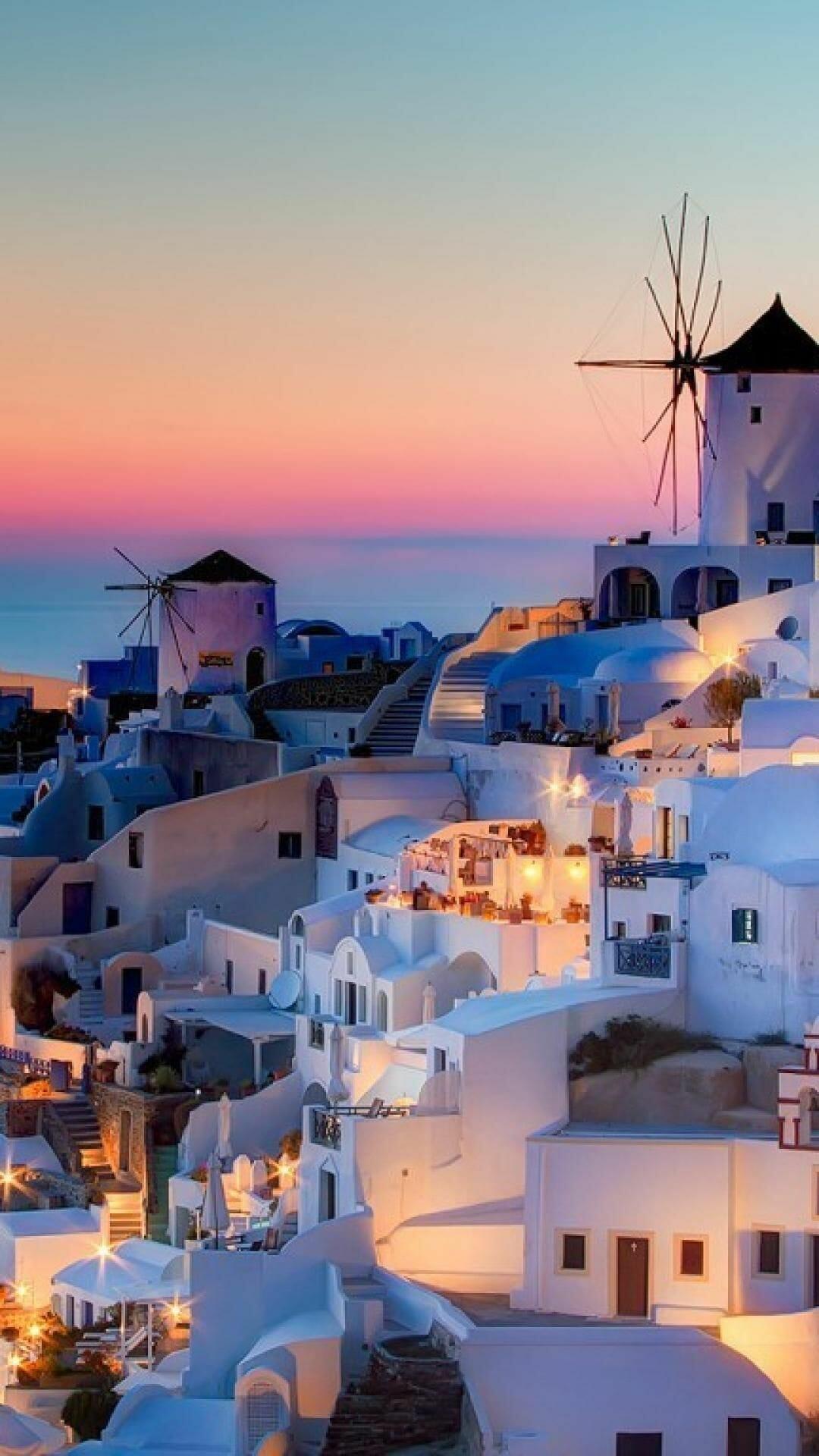1080x1920 Sunset houses santorini greece wallpaper (2021)