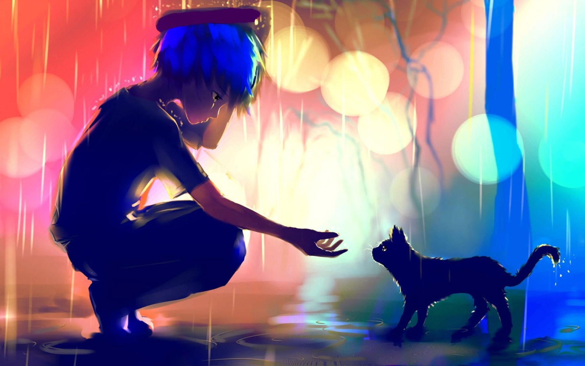1920x1200 Boy in the rain about to hold the cat digital wallpaper, blue haired anime boy painting • Wallpaper For You HD Wallpaper For Desktop & Mobile