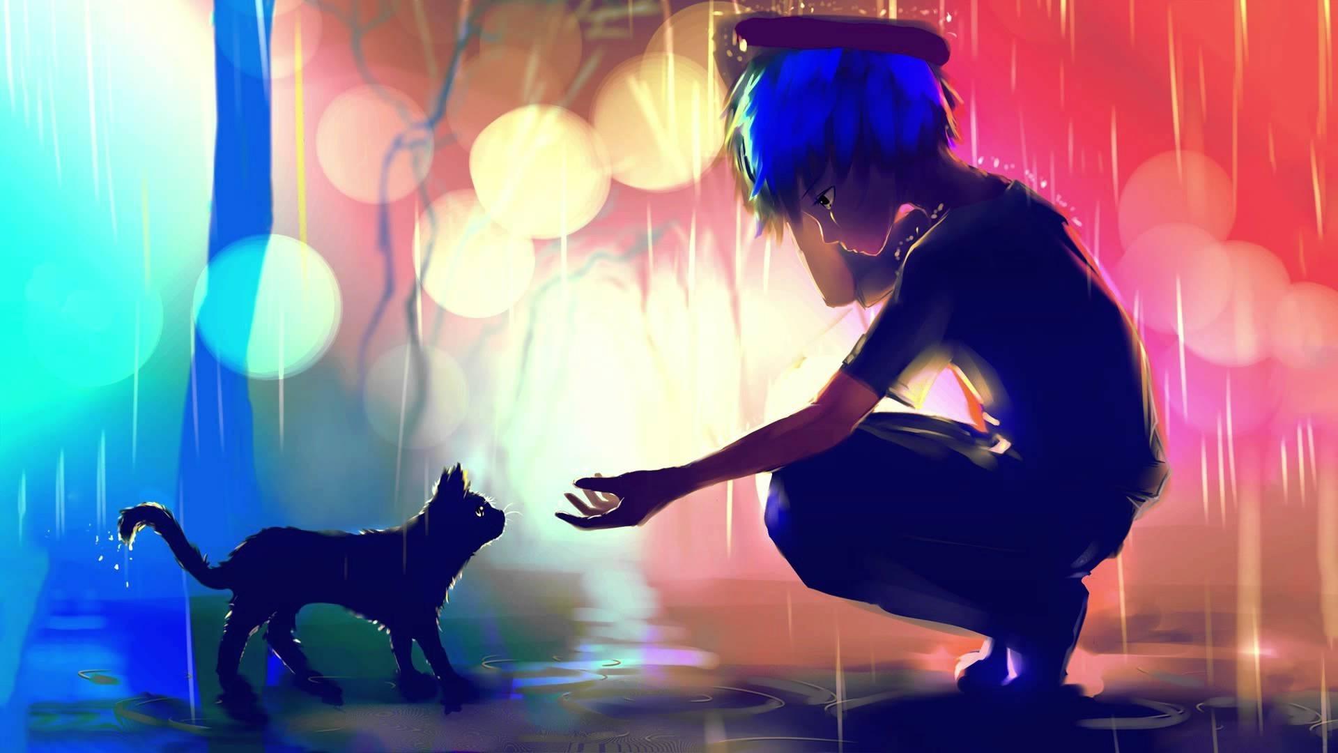 1920x1080 Wallpaper Cat, Sad Expression, Profile View, Raining, Anime Boy:1920x1080