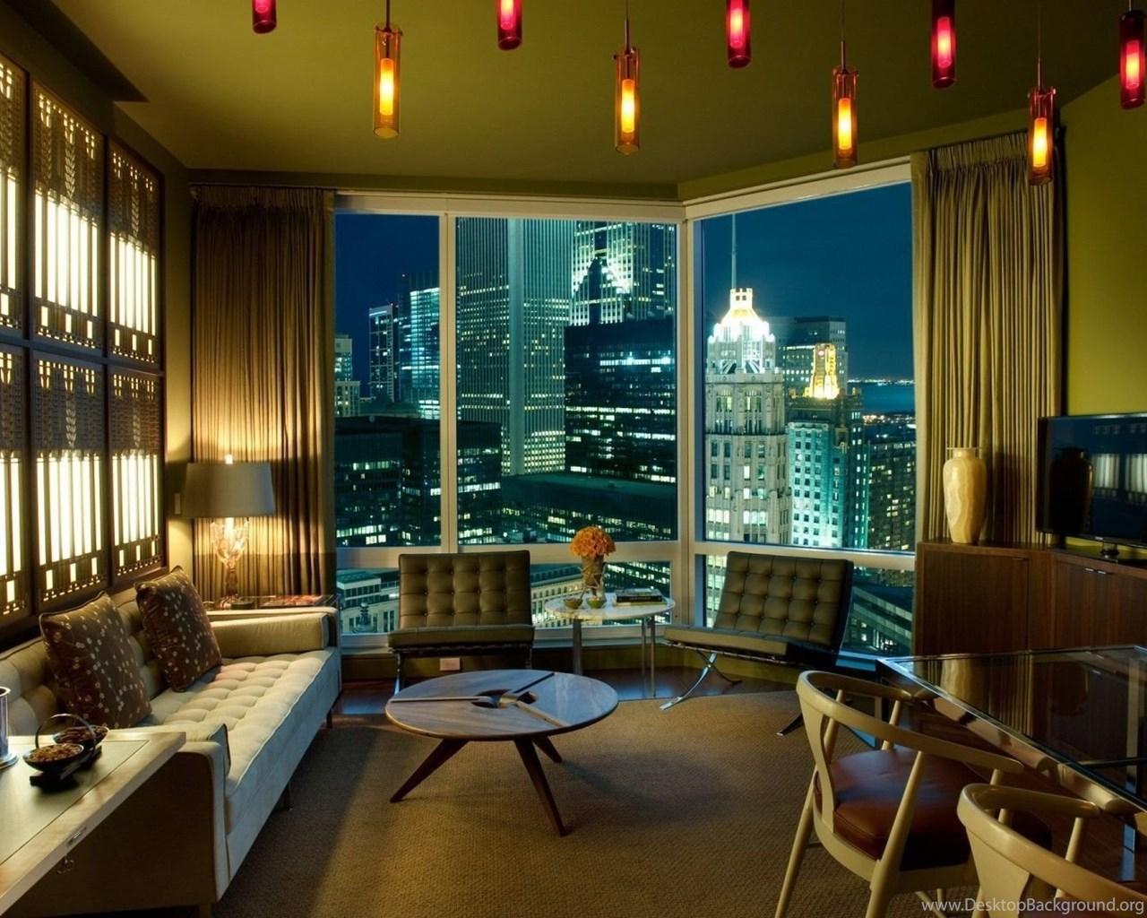 1280x1024 Cozy Living Room With A View Of The Big City Wallpaper And Image. Desktop Background