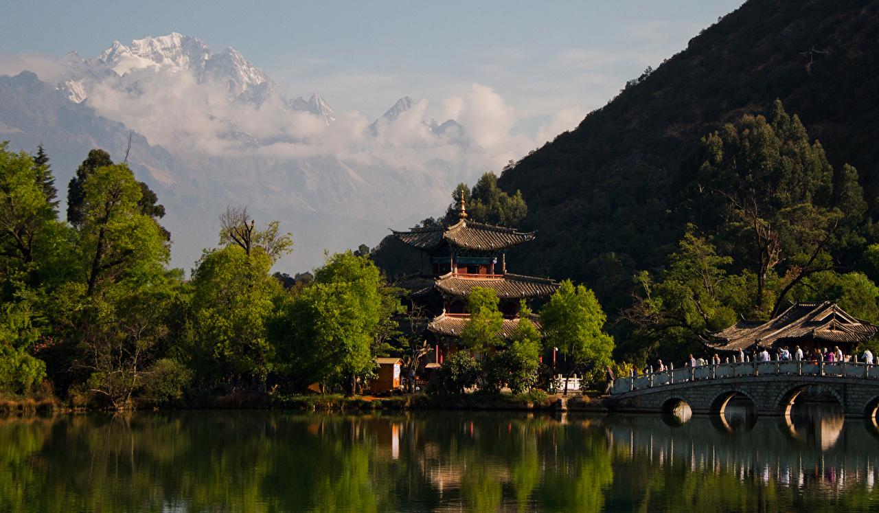1280x747 Photos China Lijiang Nature Bridges Mountains river Temples Trees