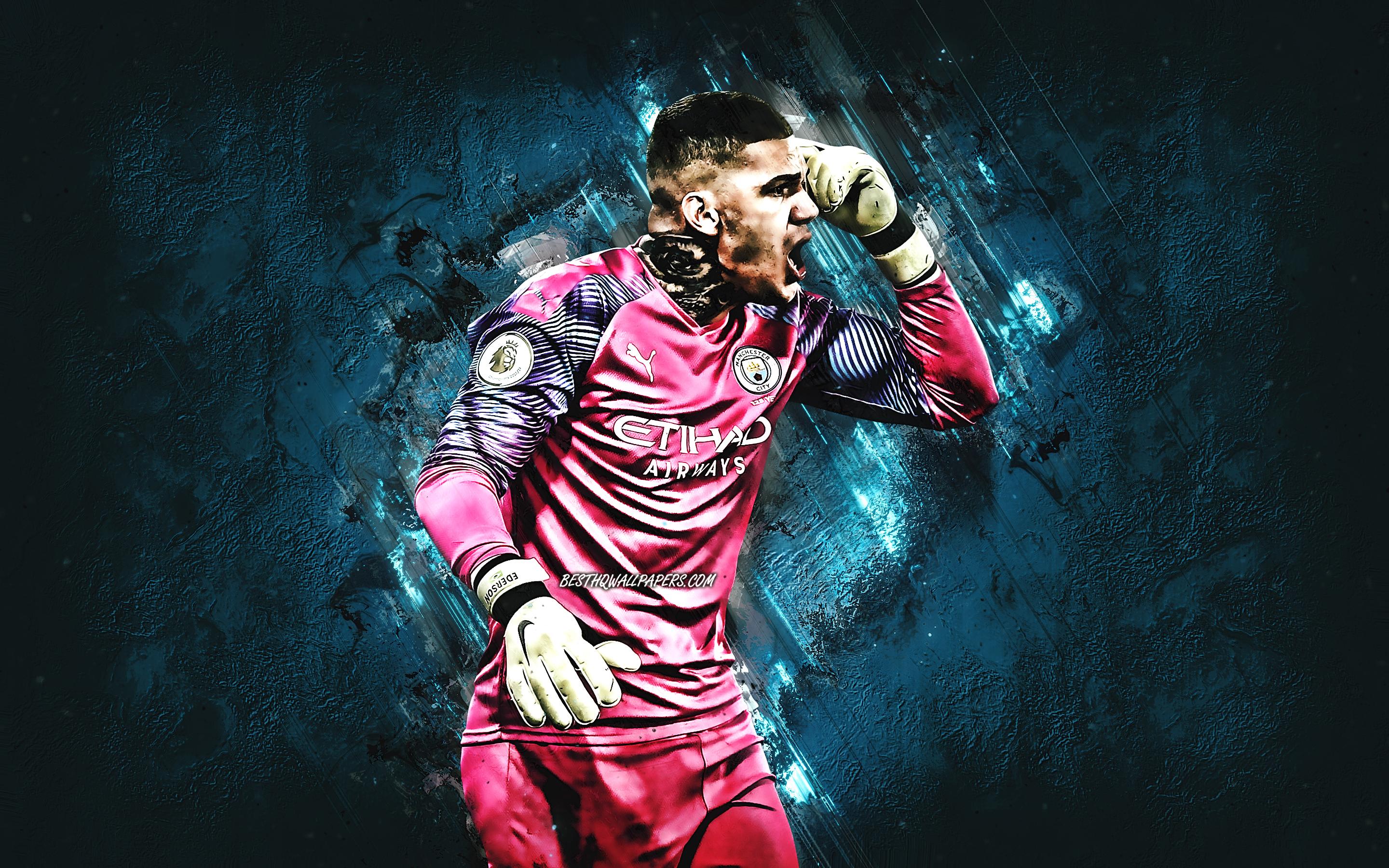 2880x1800 Download wallpaper Ederson Moraes, goalkeeper, Manchester City FC, Brazilian football player, portrait, blue stone background, Premier League, England, football for desktop with resolution 2880x1800. High Quality HD picture wallpaper