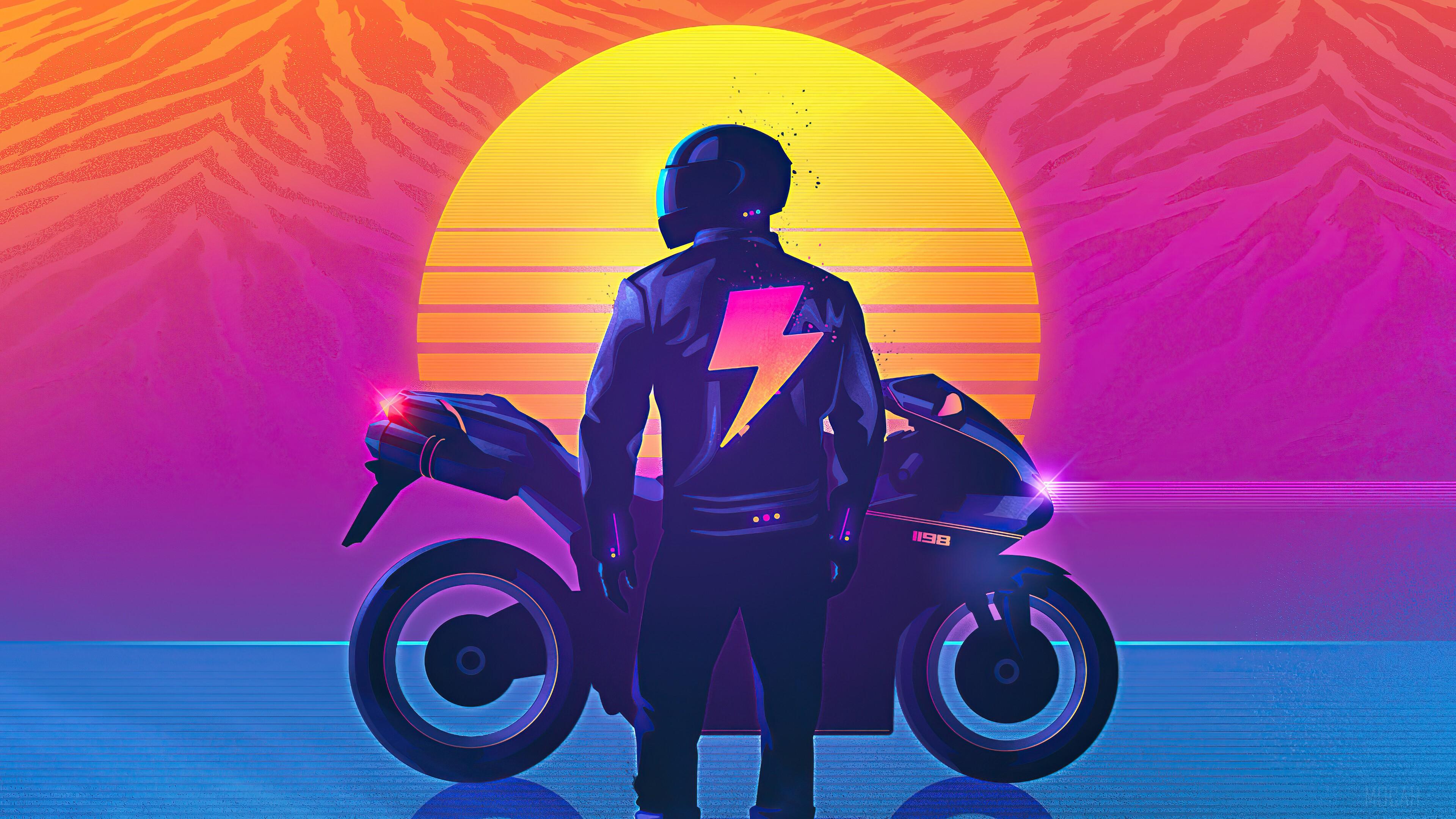 3840x2160 Biker, Motorcycle, Motorbike, Digital Art, Sunset, Retrowave, Synthwave, Vaporwave 4k wallpaper HD Wallpaper