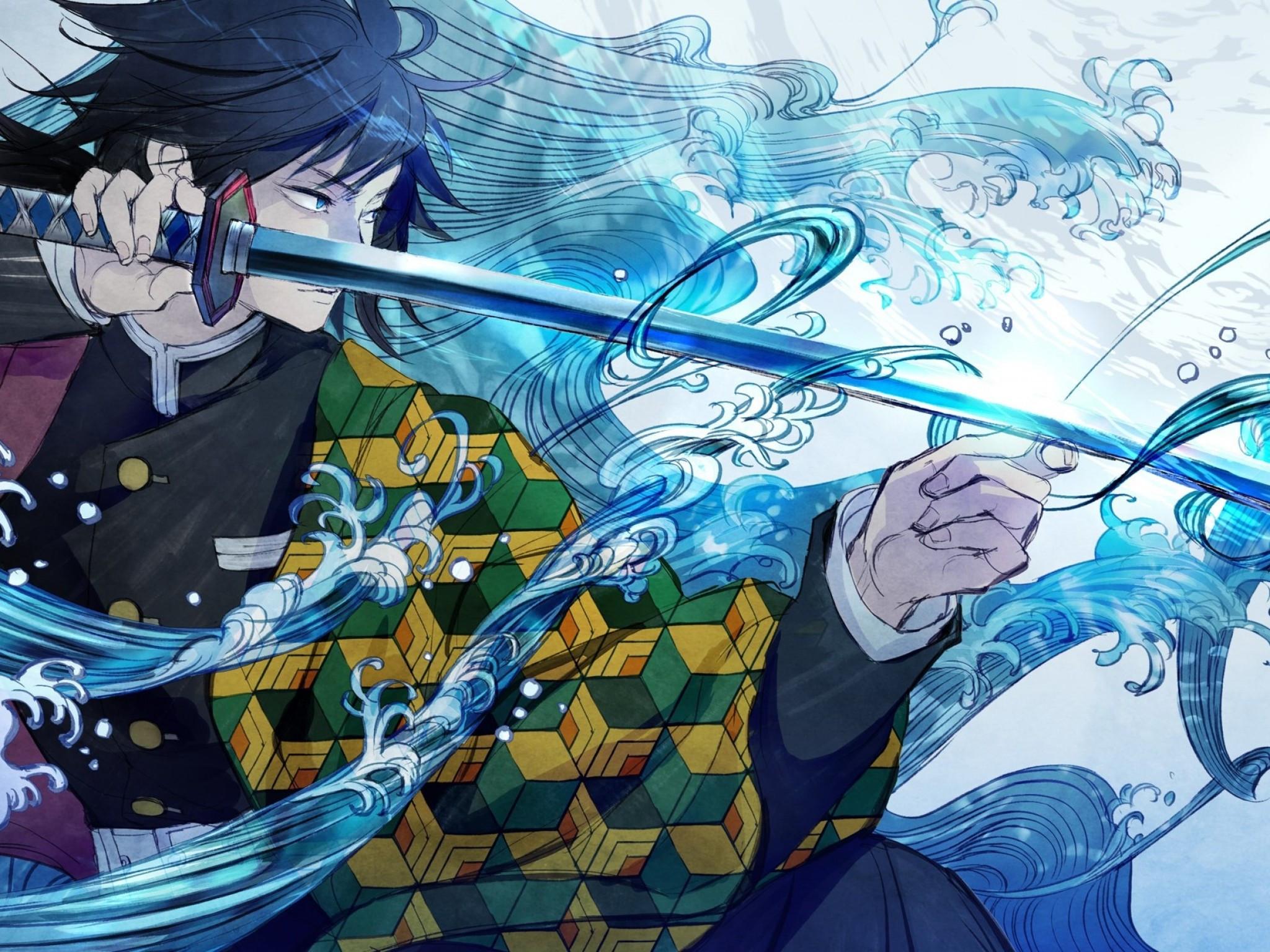 2048x1536 Download 2048x1536 Tomioka Giyuu, Kimetsu No Yaiba, Demon Slayer, Katana, Water Wallpaper for Ainol Novo 9 Spark