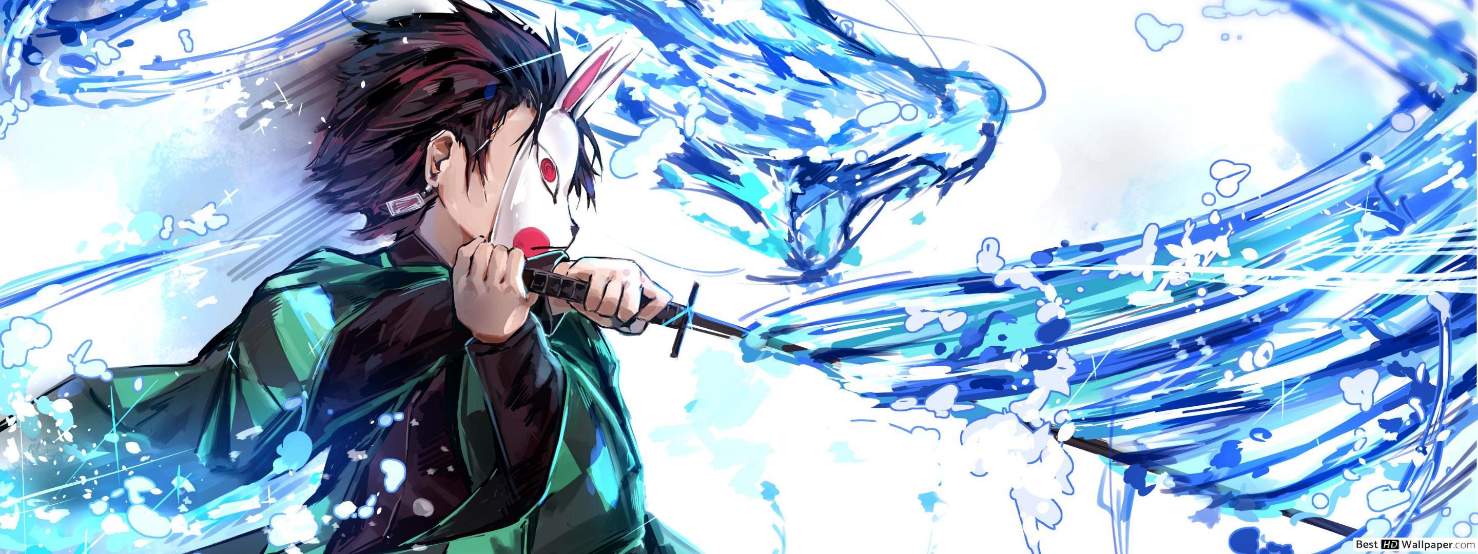 2880x1080 Tanjirou Kamado Mask Art Wallpaper