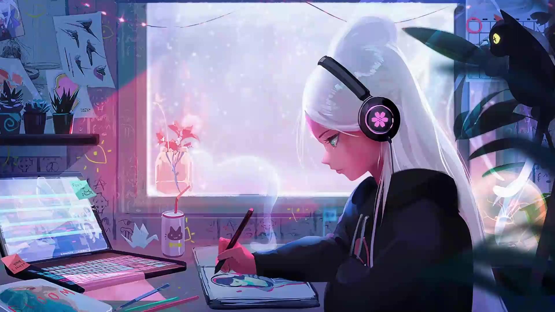 1920x1080 Girl With Headphones Working In Room Live Wallpaper