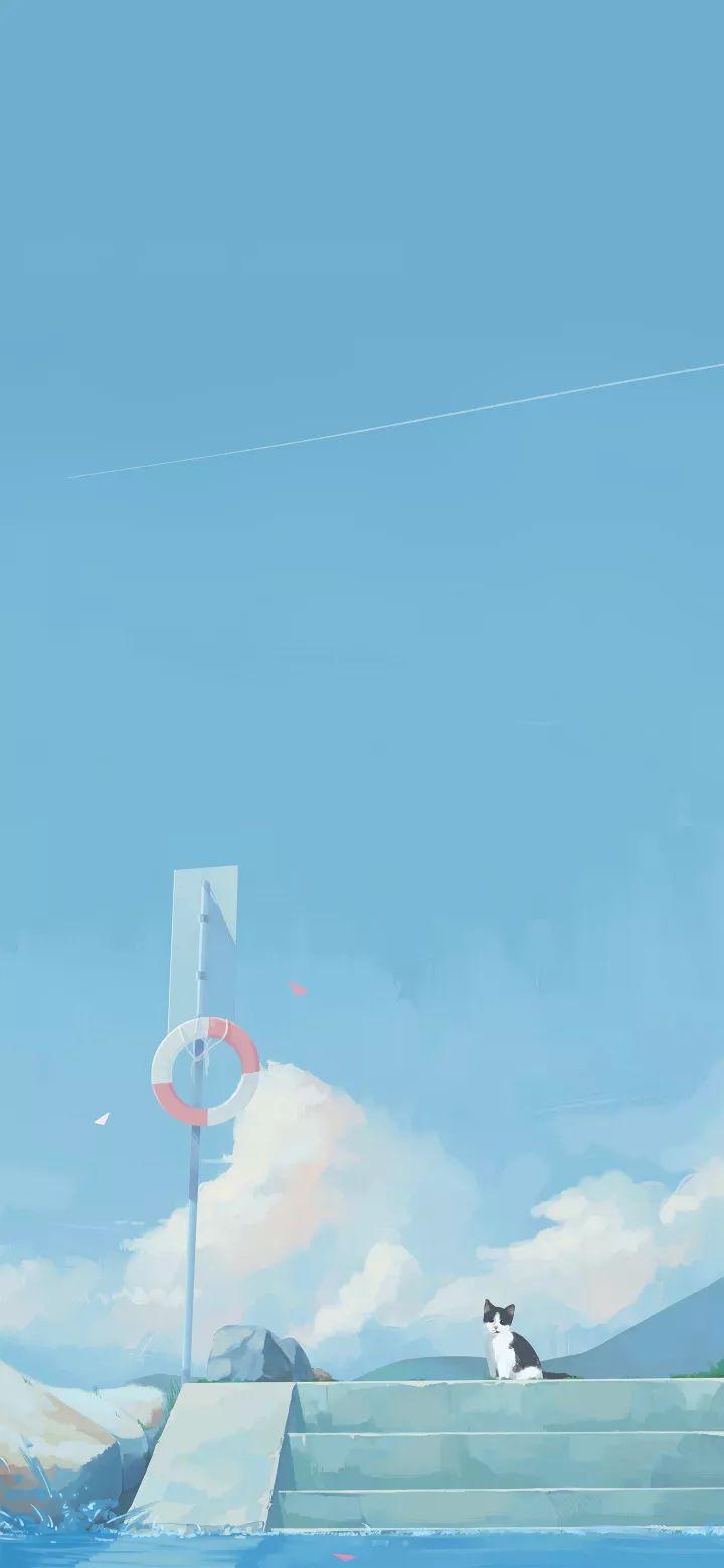 720x1560 cute cat. Sky anime, Blue sky wallpaper, Anime scenery wallpaper