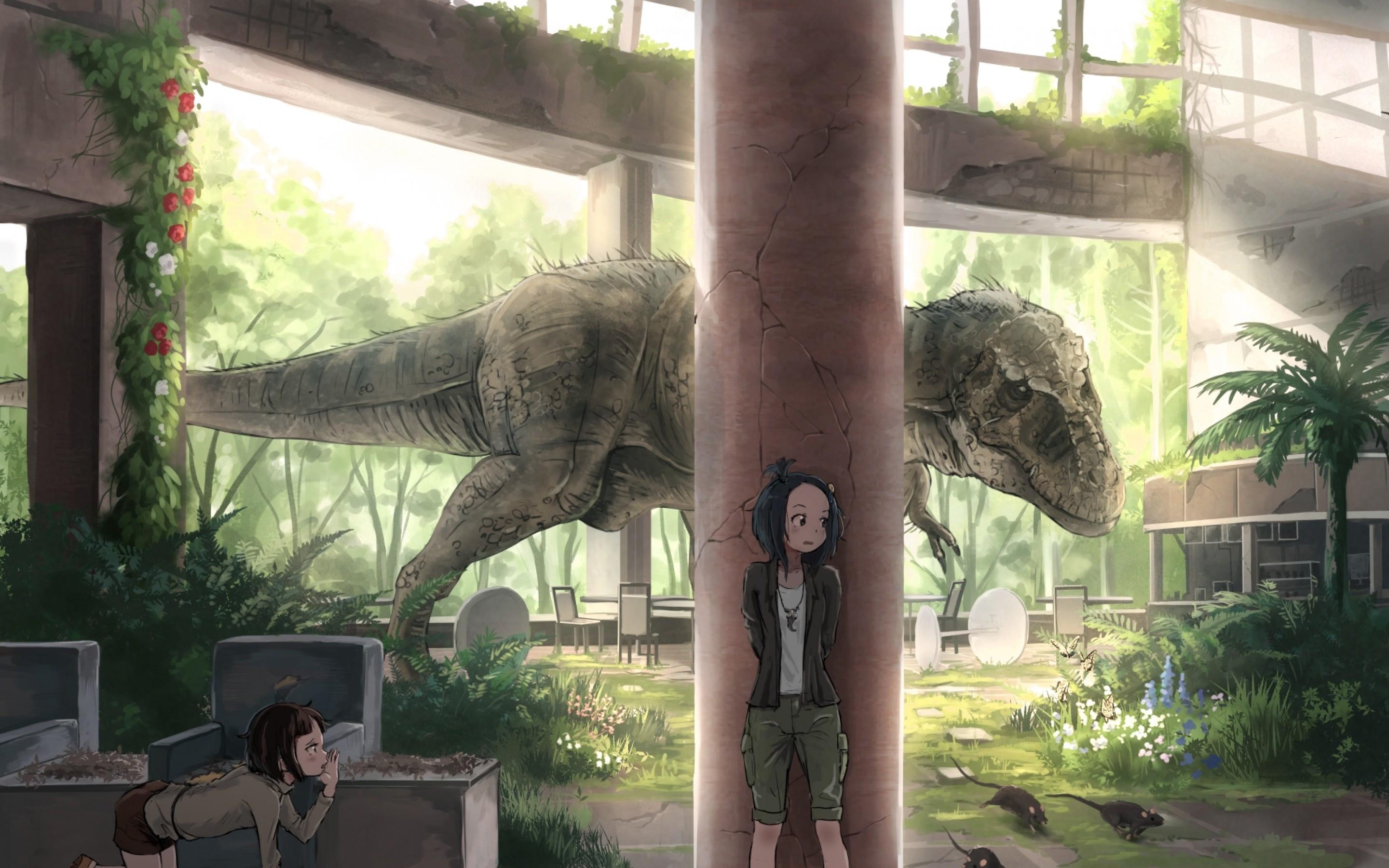 2880x1800 Download 2880x1800 Anime Girls, Dinosaur, Building, Scared Wallpaper for MacBook Pro 15 inch