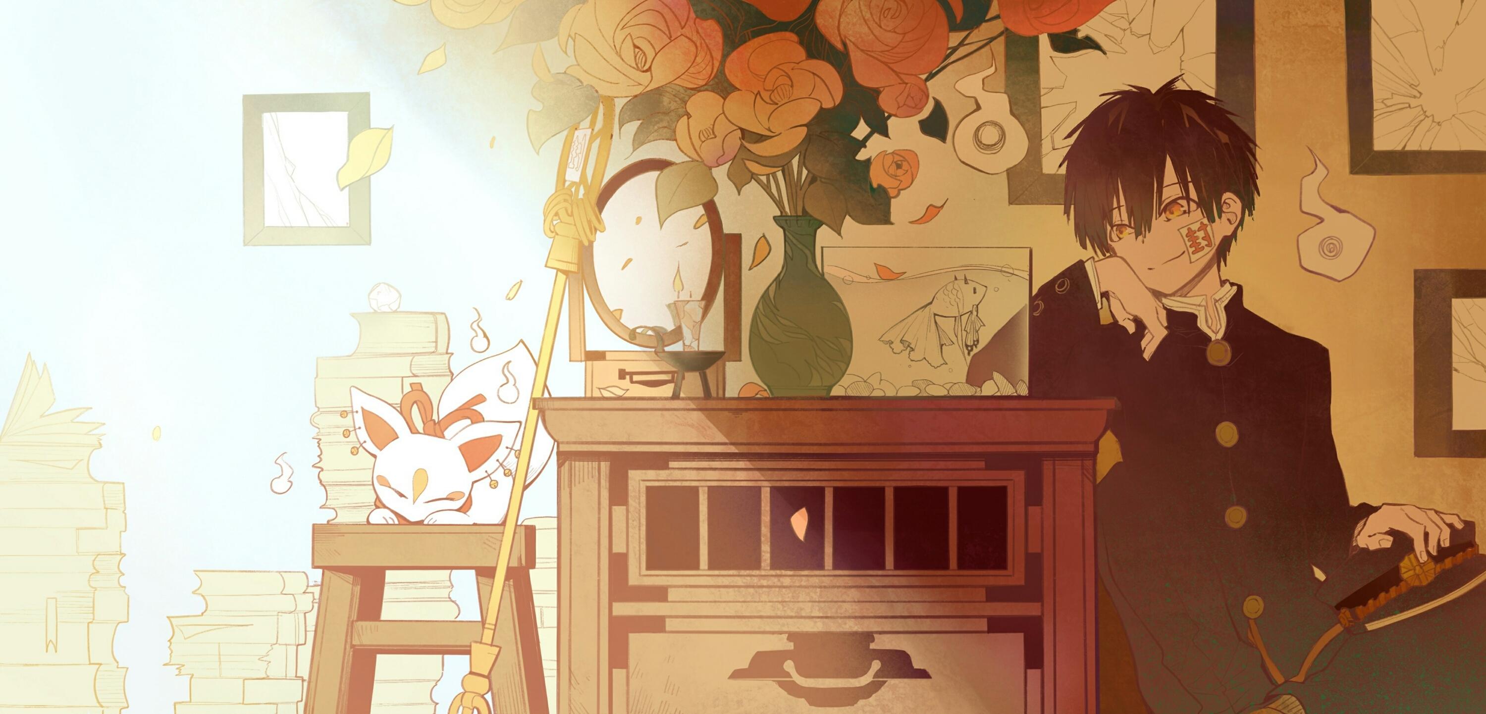 3000x1442 Download 3000x1442 Hanako Kun, Jibaku Shounen Hanako Kun, School Uniform, Smiling Wallpaper