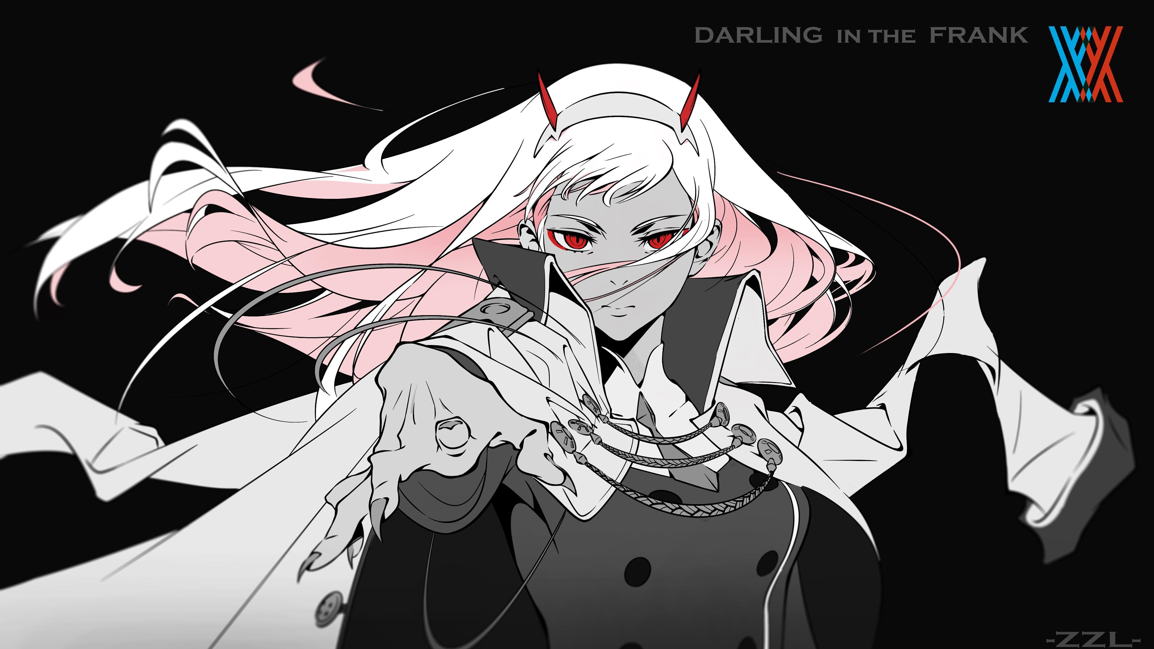 3840x2160 Darling In The FranXX Red Eyes Zero Two With Black Background 4K HD Anime Wallpaper