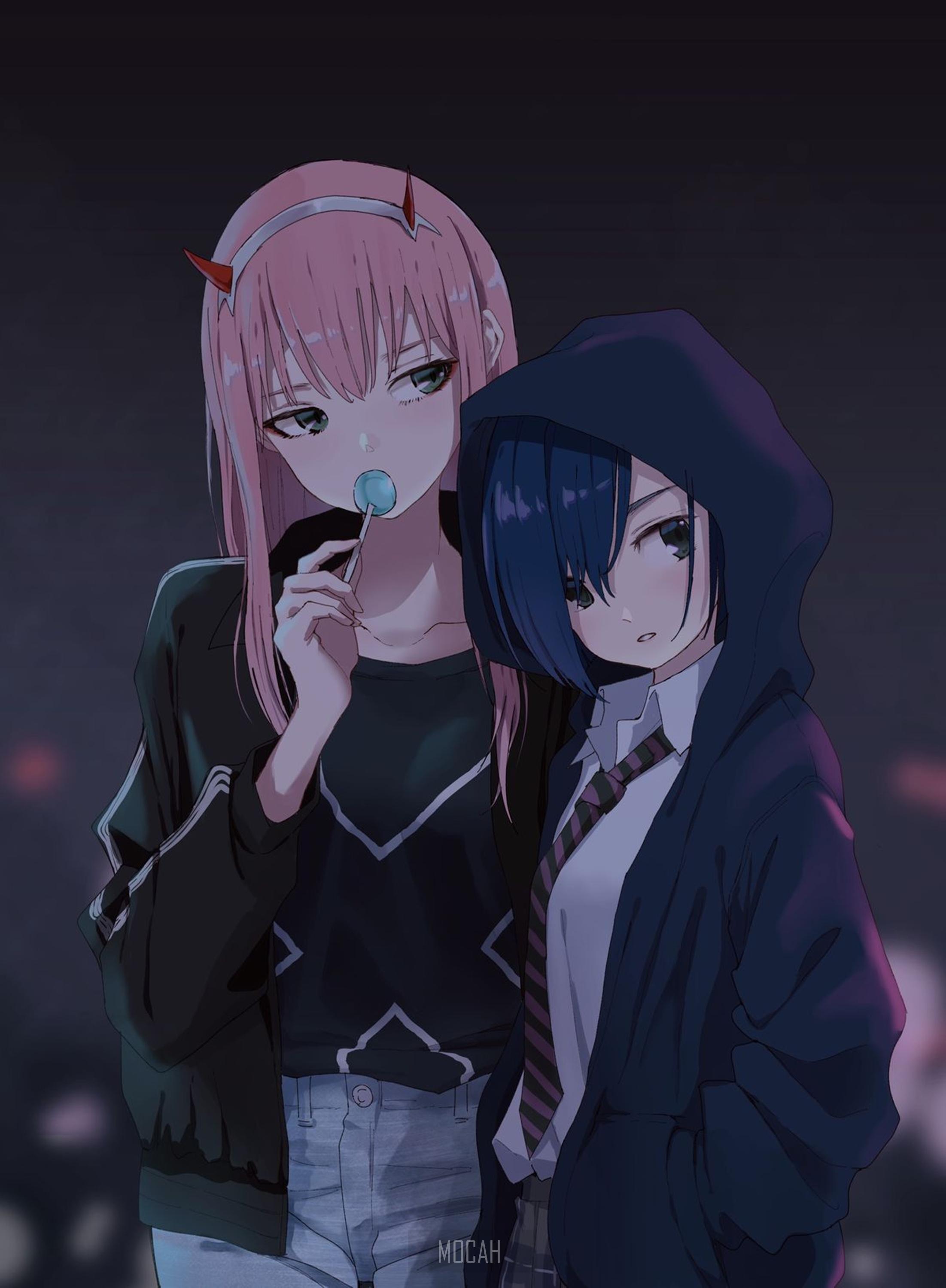 2203x3000 night, Zero Two (Darling in the FranXX), Ichigo (Darling in the FranXX), Black clothes, pink hair, blue hair, anime wallpaper full hd, 2203x3000 HD Wallpaper