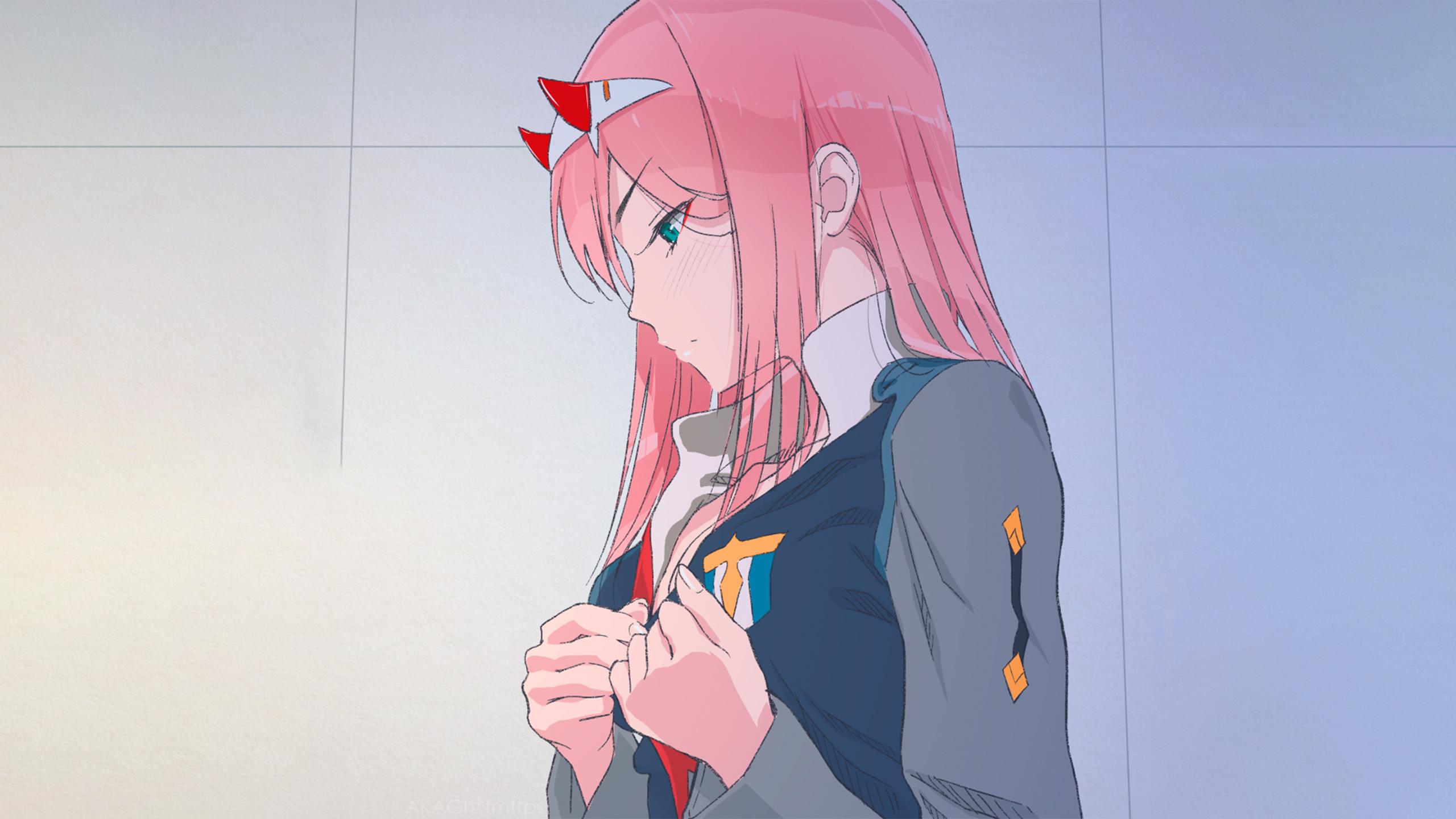 2560x1440 Zero Two (Darling in the FranXX), Pink Hair, Green Eyes, Girl, Blush wallpaper