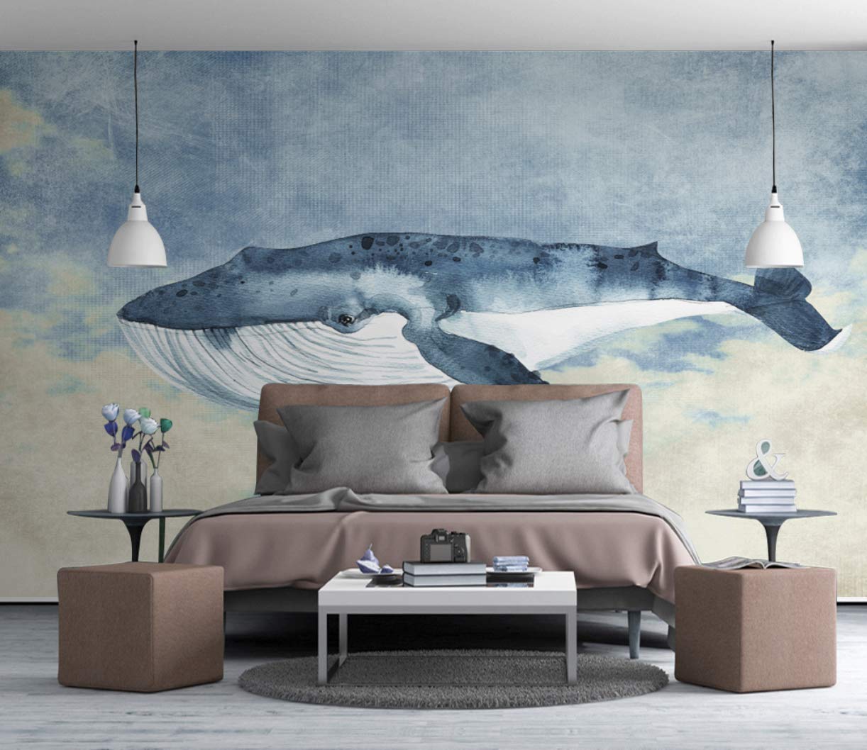 1222x1058 Blue Background Big Whale Cartoon Nursery Wallpaper, Kids Cartoon Whale Wall Mural Nursery Map Wall Decor Boys Bedroom- Peel and Stick- Custom Color I Temporary Wall Wallpaper I Custom Size