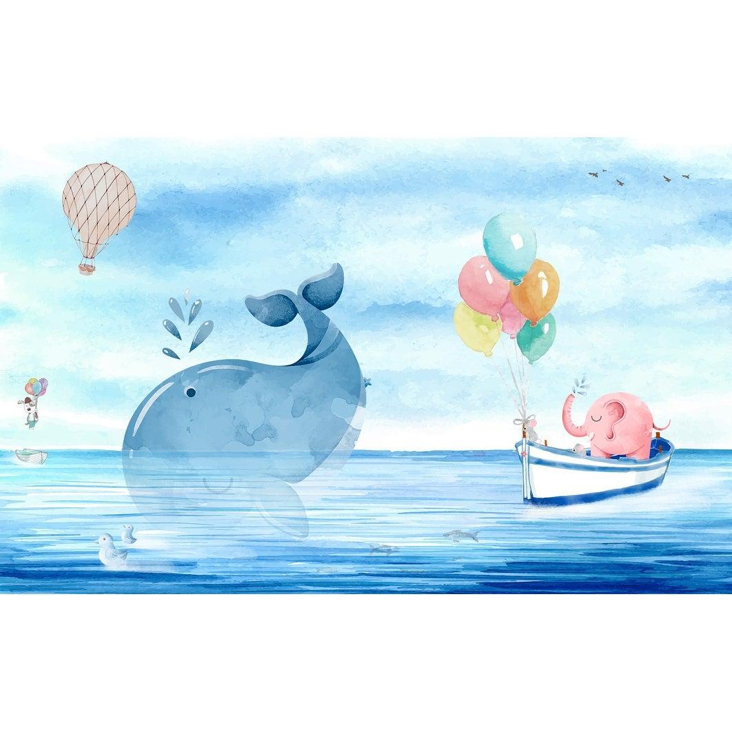 1062x1062 Cartoon Sea Pink Elephant With Cute Whale Removable Textile Wallpaper