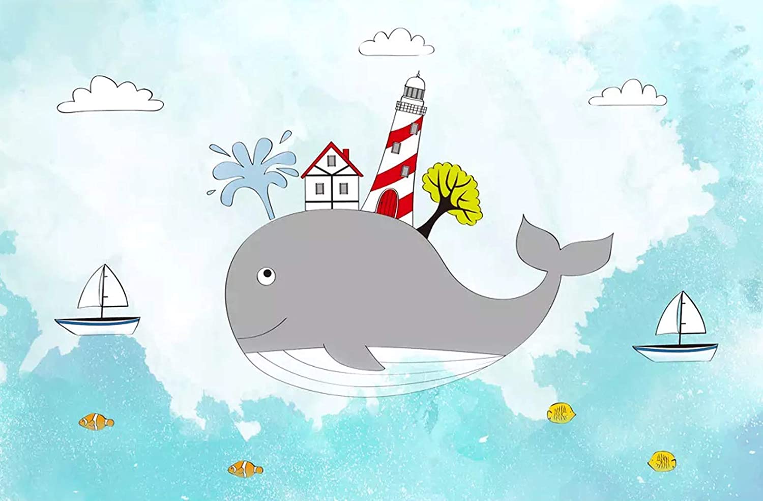 1500x985 Muraviewall Cartoon Whale Among Kids Wallpaper, Nursery Cartoon Wall Mural, Nursery Fox Mountain Wall Decor Bedroom- Peel and Stick- Custom Color I Temporary Wallpaper Custom Size : Handmade Products