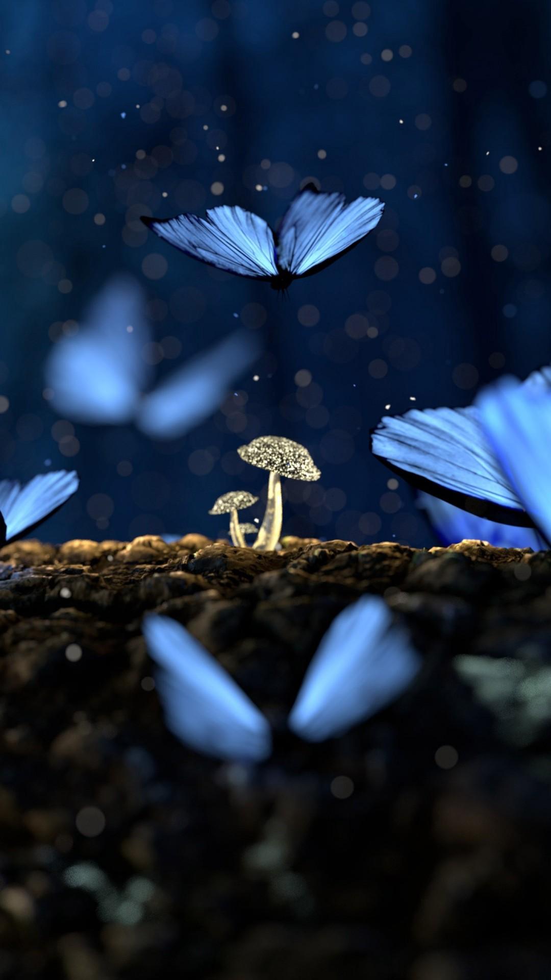 1080x1920 Blue Butterflies Fly Up On Mushroom 4K HD Butterfly Wallpaper