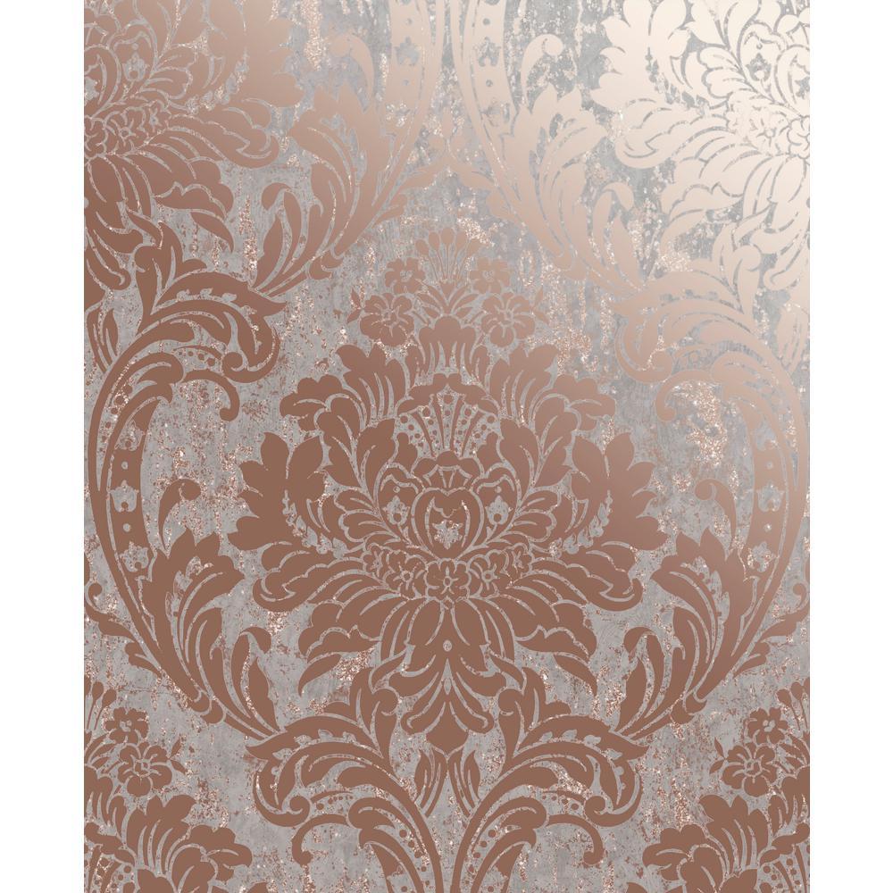 1000x1000 Super Fresco Milan Damask Rose Gold And Grey Removable Wallpaper, Grey Rose Gold