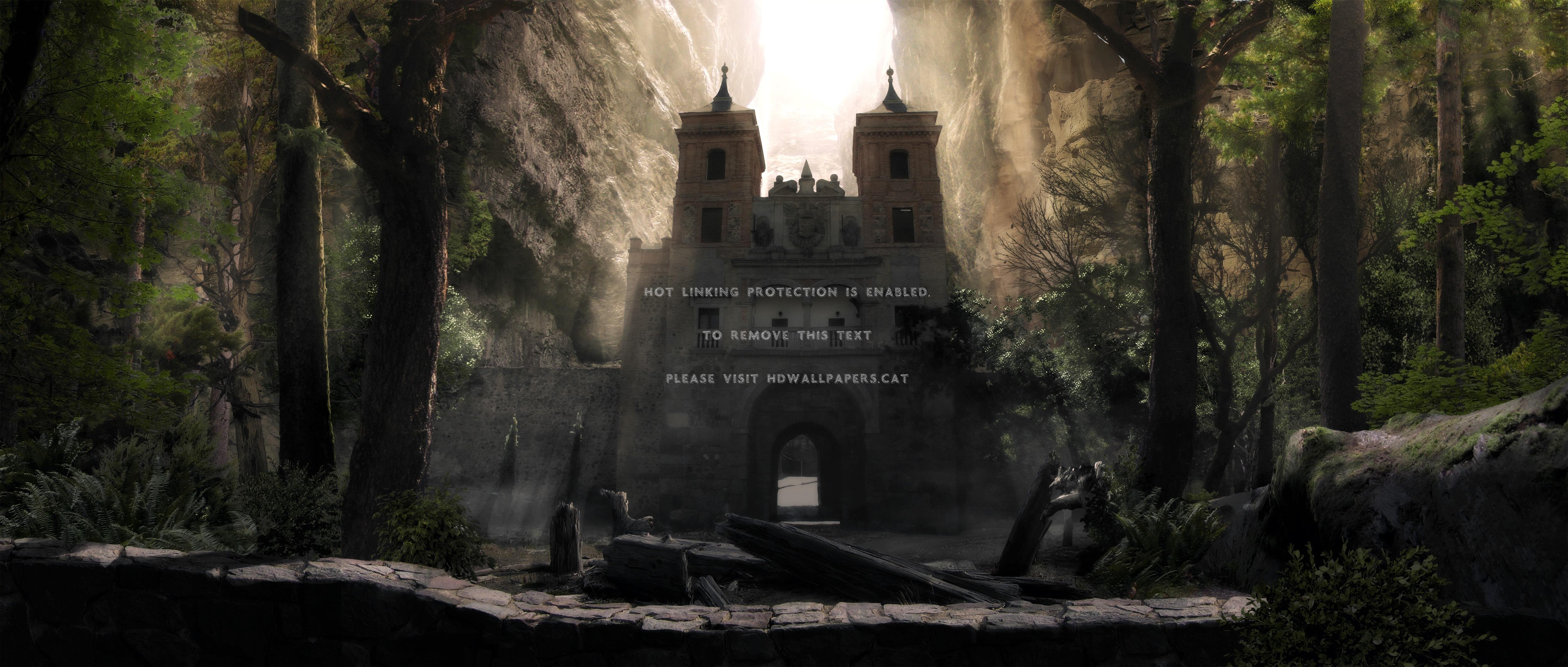 5000x2128 dark forest castle woods house fantasy cg 3D