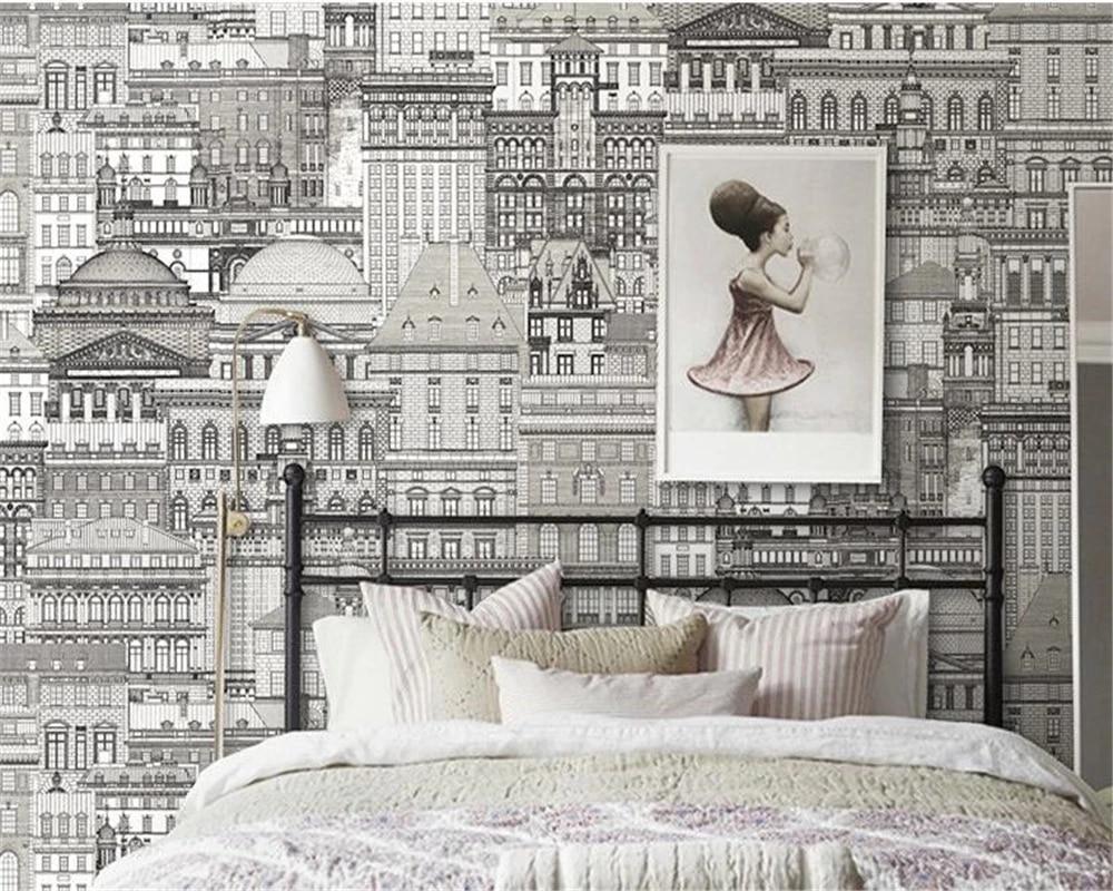1000x800 beibehang Black and white sketch castle city architecture clothing store wallpaper fashion bedroom background papel de parede 3D. Wallpaper