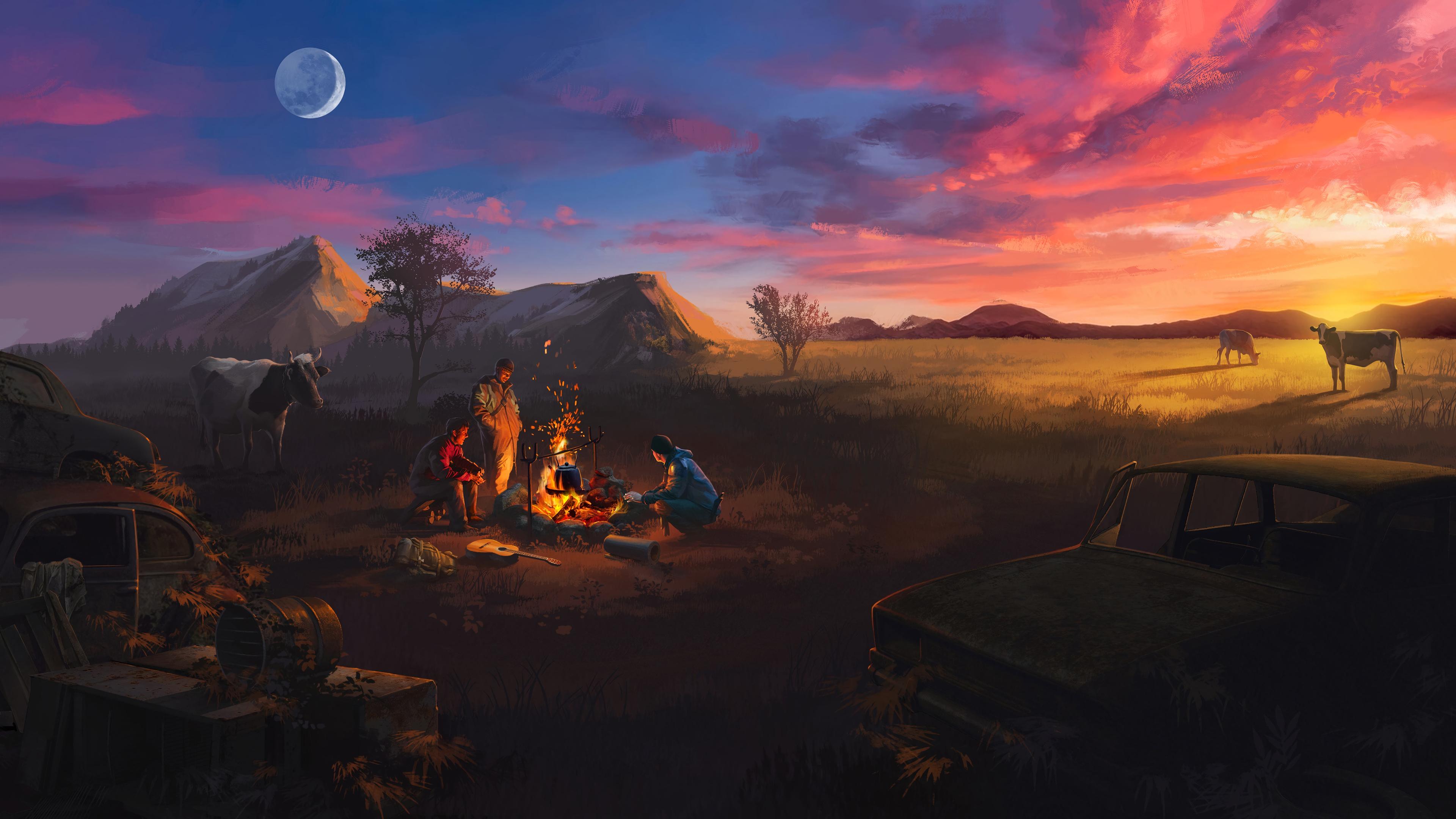 3840x2160 Bonfire while camping at sunset artwork Wallpaper 4k Ultra HD