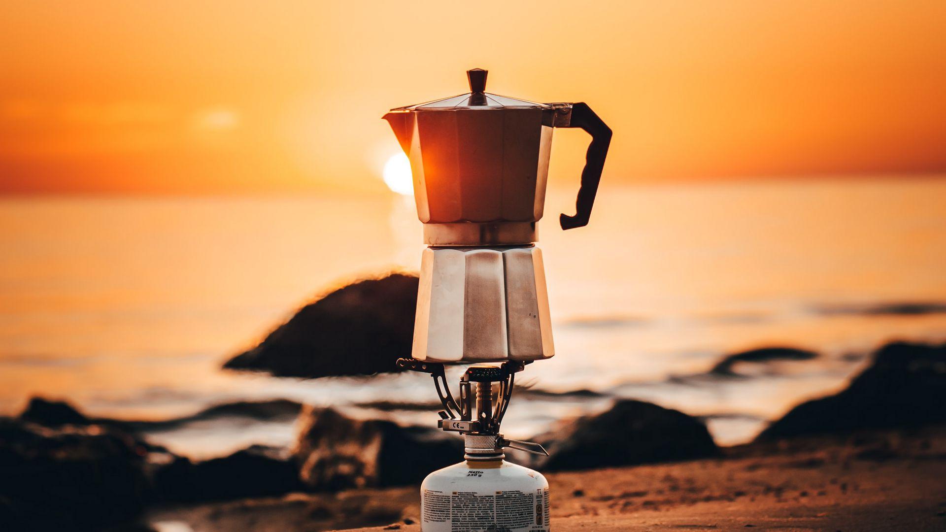1920x1080 Sunset Camping Coffee Maker Image
