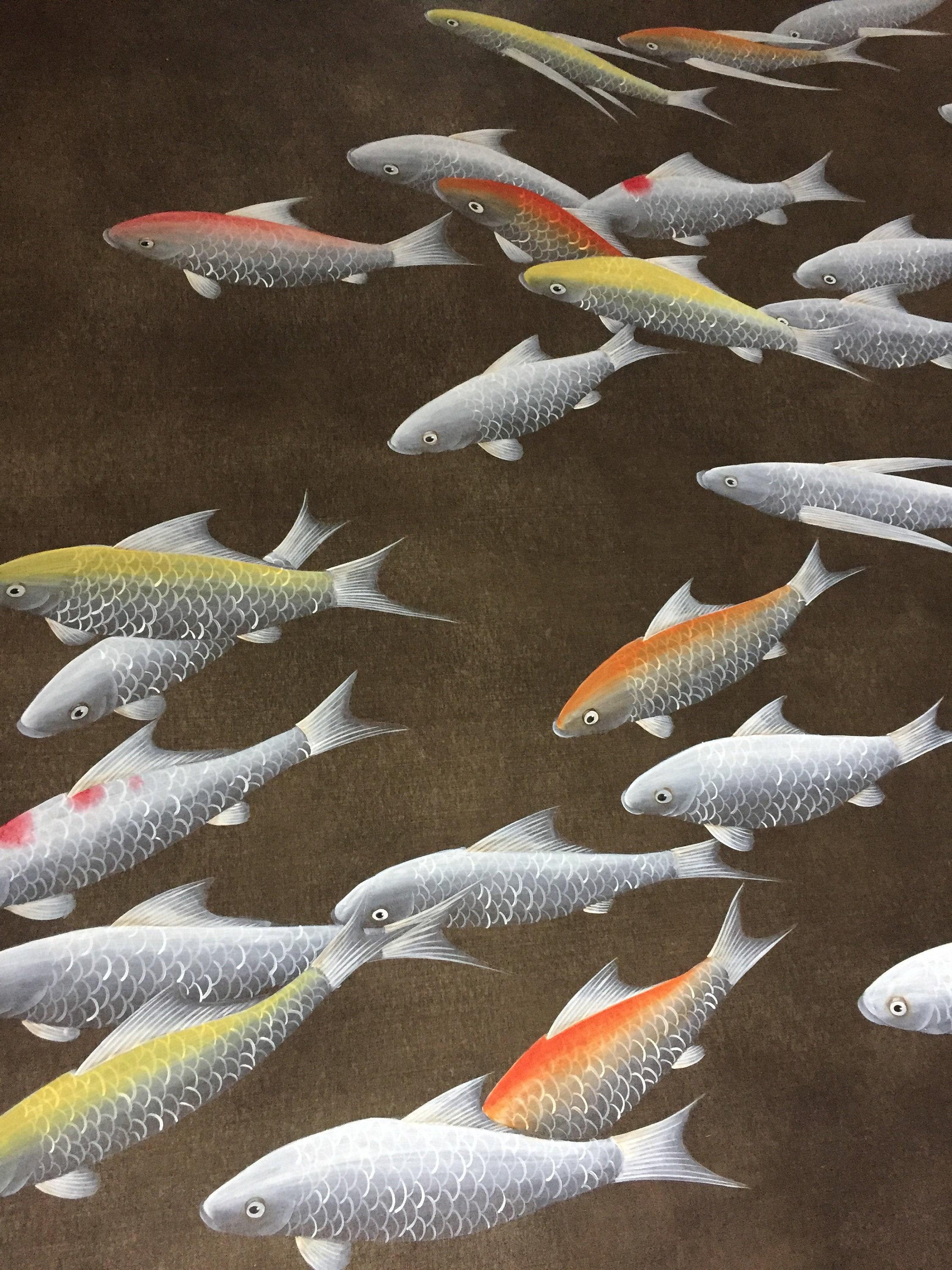 2250x3000 Koi Fish Chinoiserie Handpainting on Antiqued Black Metallic