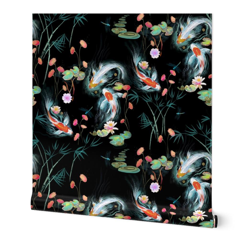 1024x1024 Wallpaper Roll Koi, Fish, Japanese, Water Garden, Black, 24in x 27ft