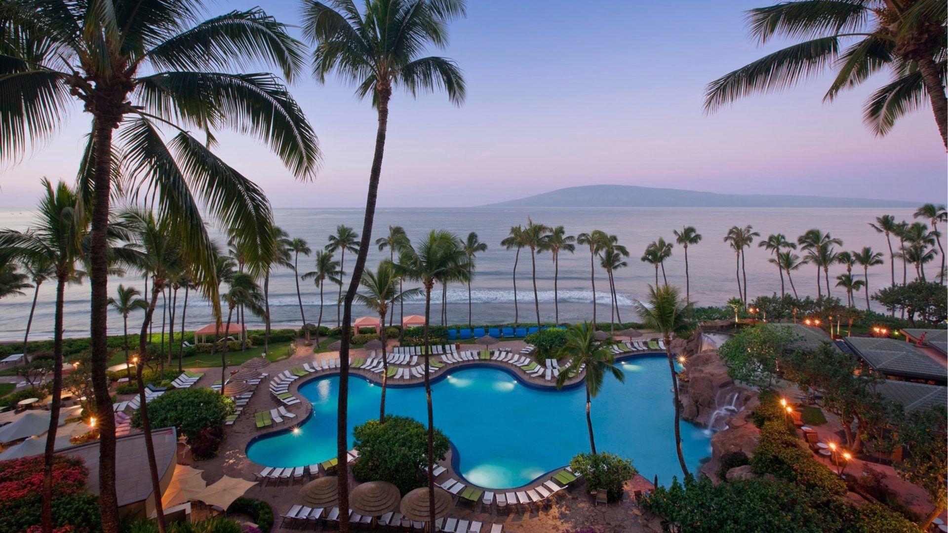 1920x1080 Romantic Places For Leisure Pools, Palm Trees, Beautiful Sandy
