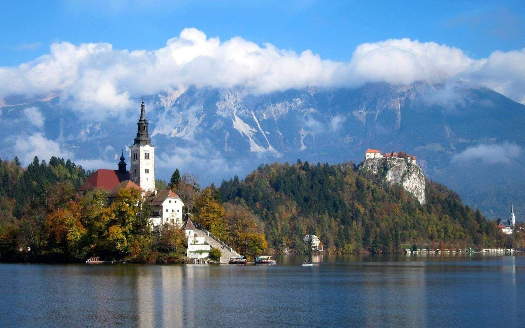 1729x1080 Landscape Reflection Water Bled Church Lake Mountains Slovenia Lakes
