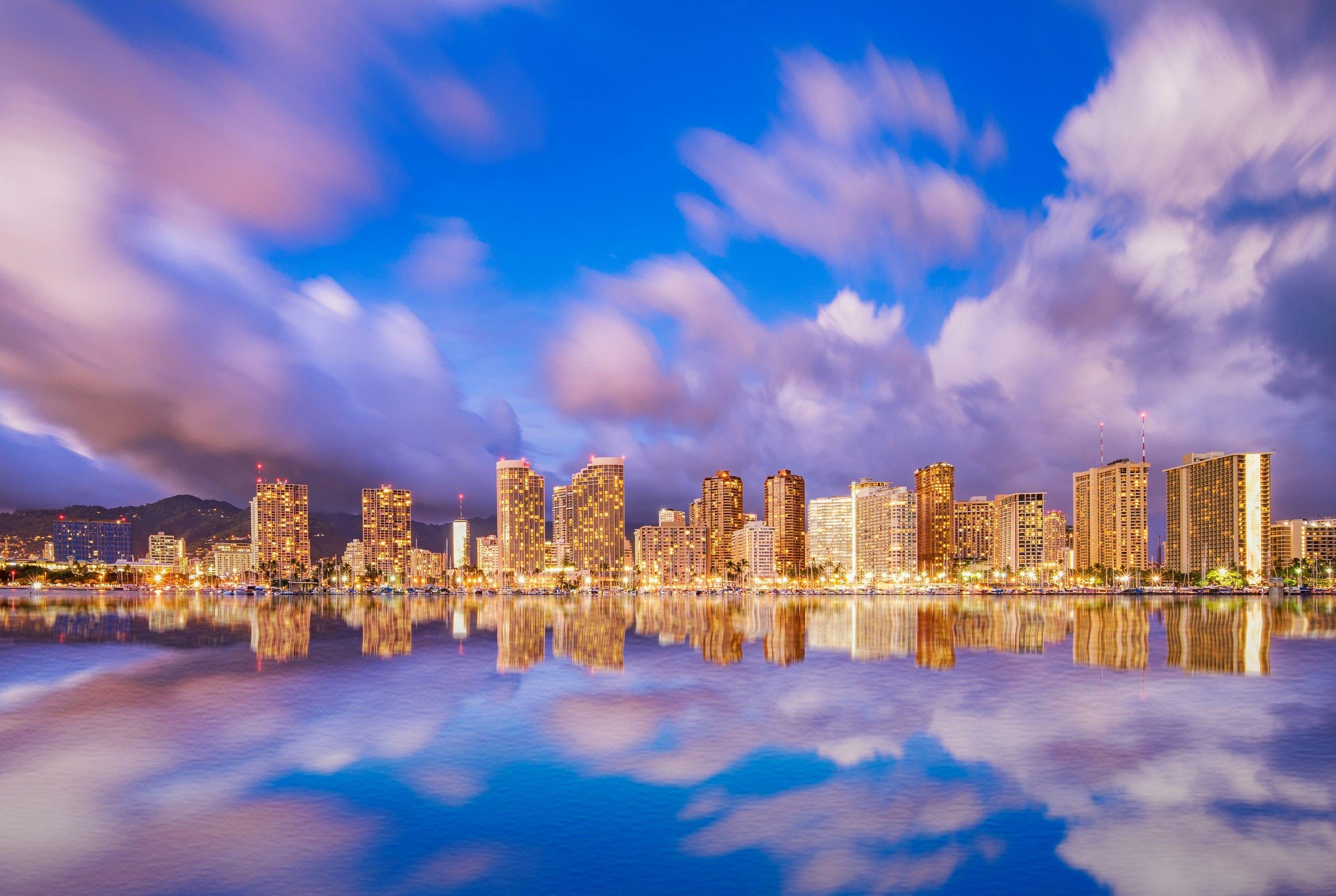 2850x1912 Download 2850x1912 Hawaii, Cityscape, Waikiki Beach, Lights, Clouds