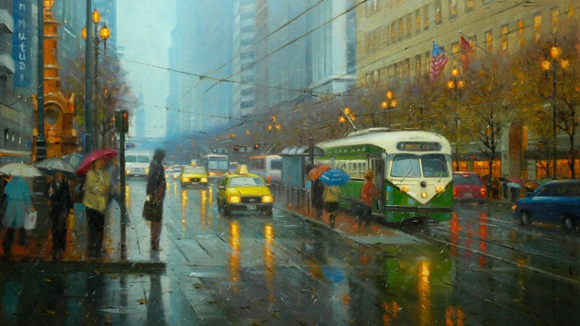 rainy city wallpaper painting