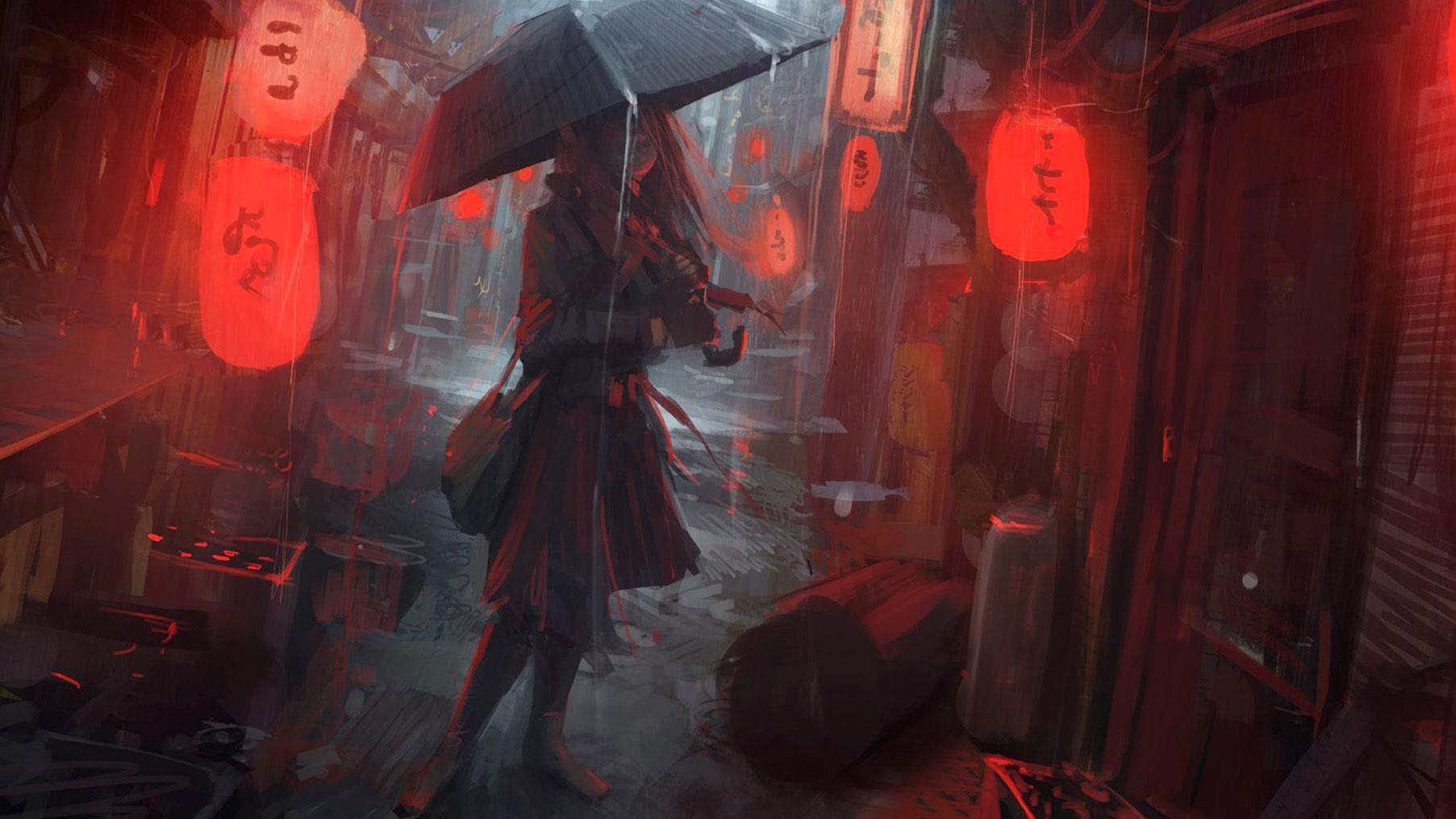1805x1015 Umbrella, Girl, In, The, Rain, Wallpaper, High Resolution Digital