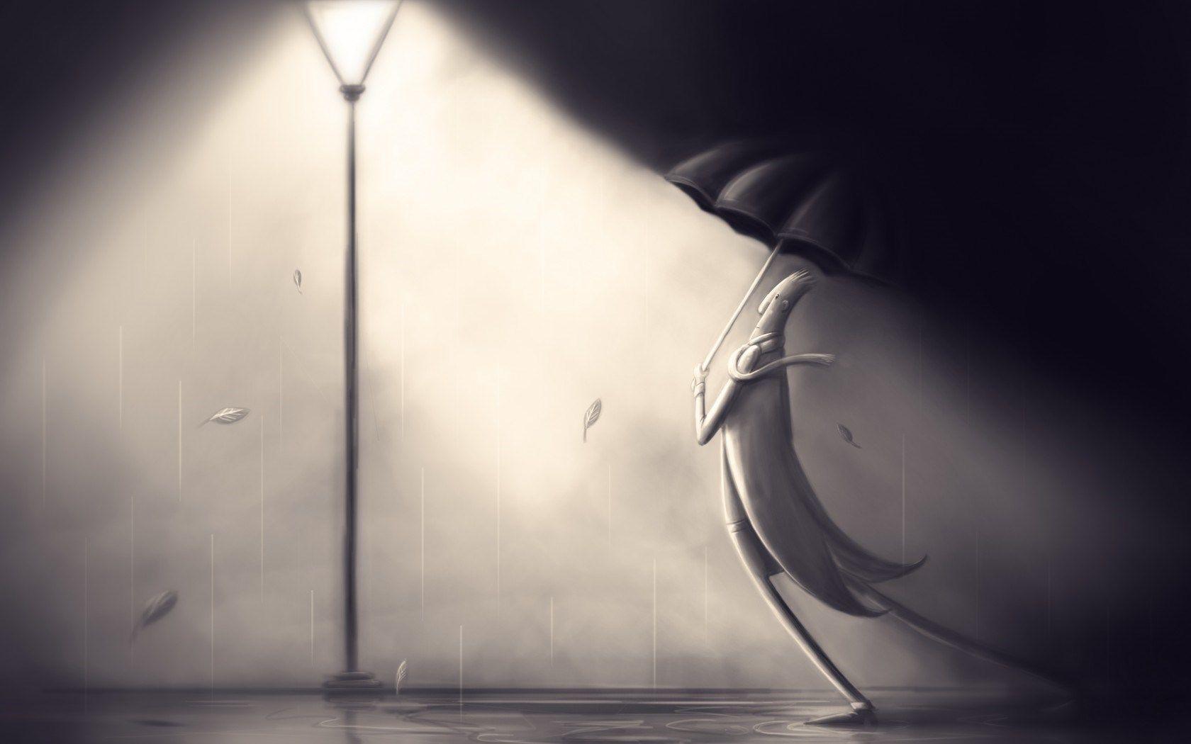 1680x1050 Lantern Man Coat Scarf Umbrella Rain Art