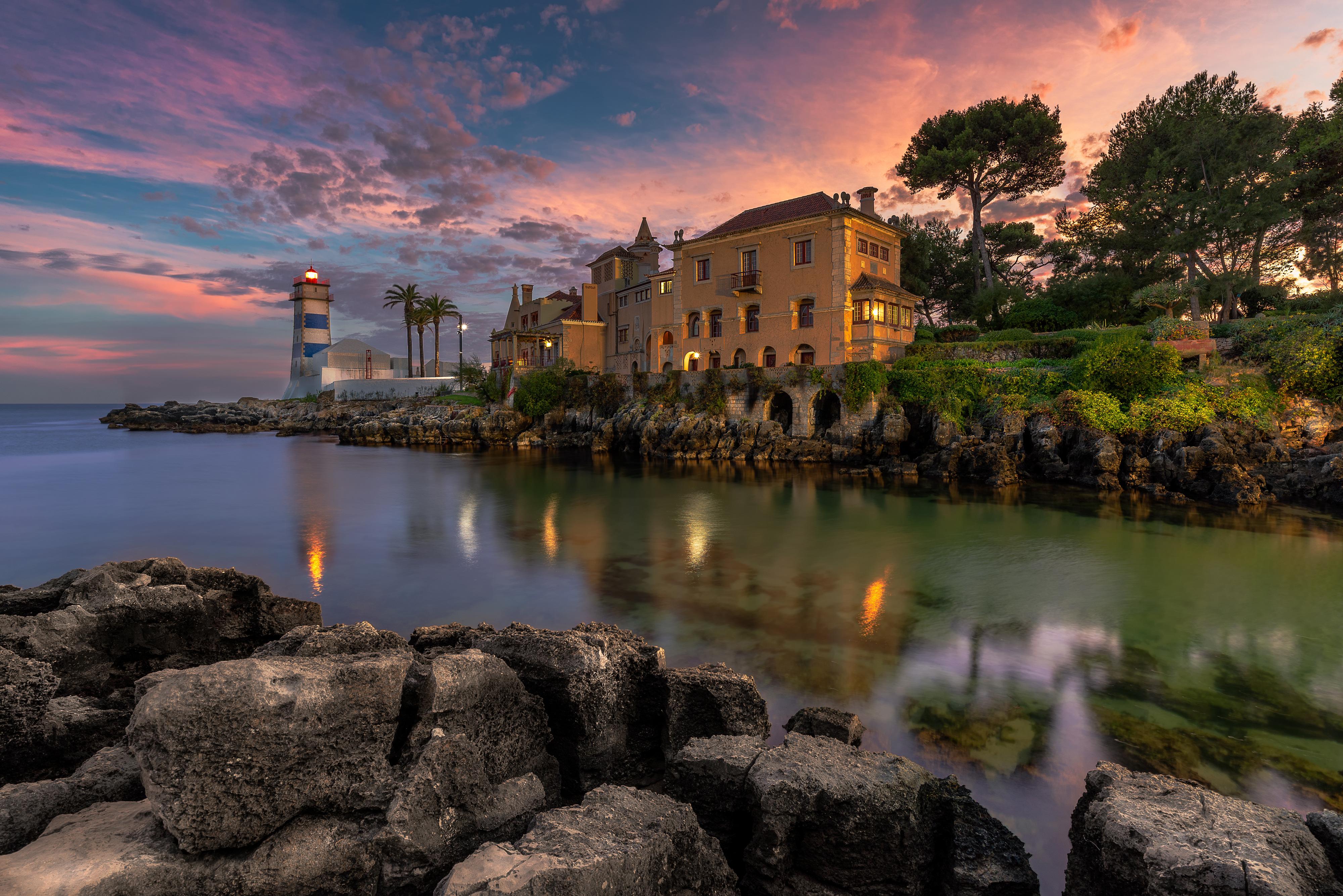 4000x2670 Picture Portugal Cascais Lighthouses Bay stone Evening 4000x2670