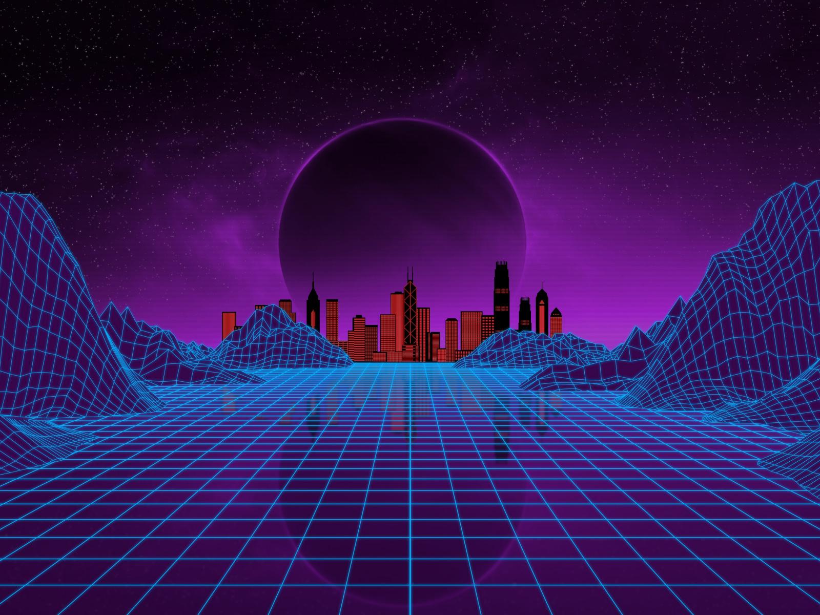 1600x1200 Download Synthwave, moon, mountains, cityscape, landscape, art wallpaper, 1600x Standard 4: Fullscreen