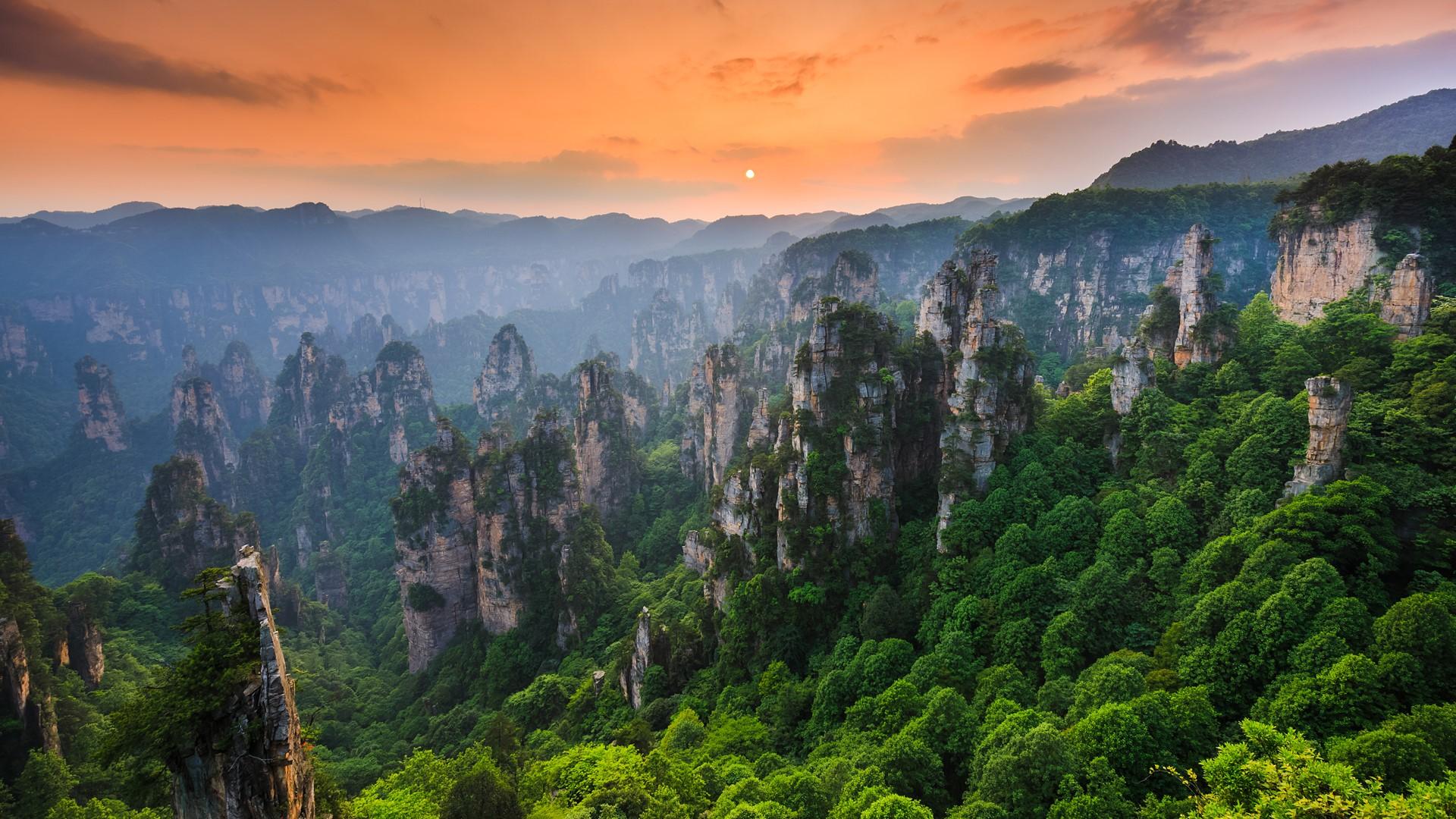 1920x1080 Zhangjiajie National forest park at sunset, Wulingyuan, Hunan, China. Windows 10 Spotlight Image