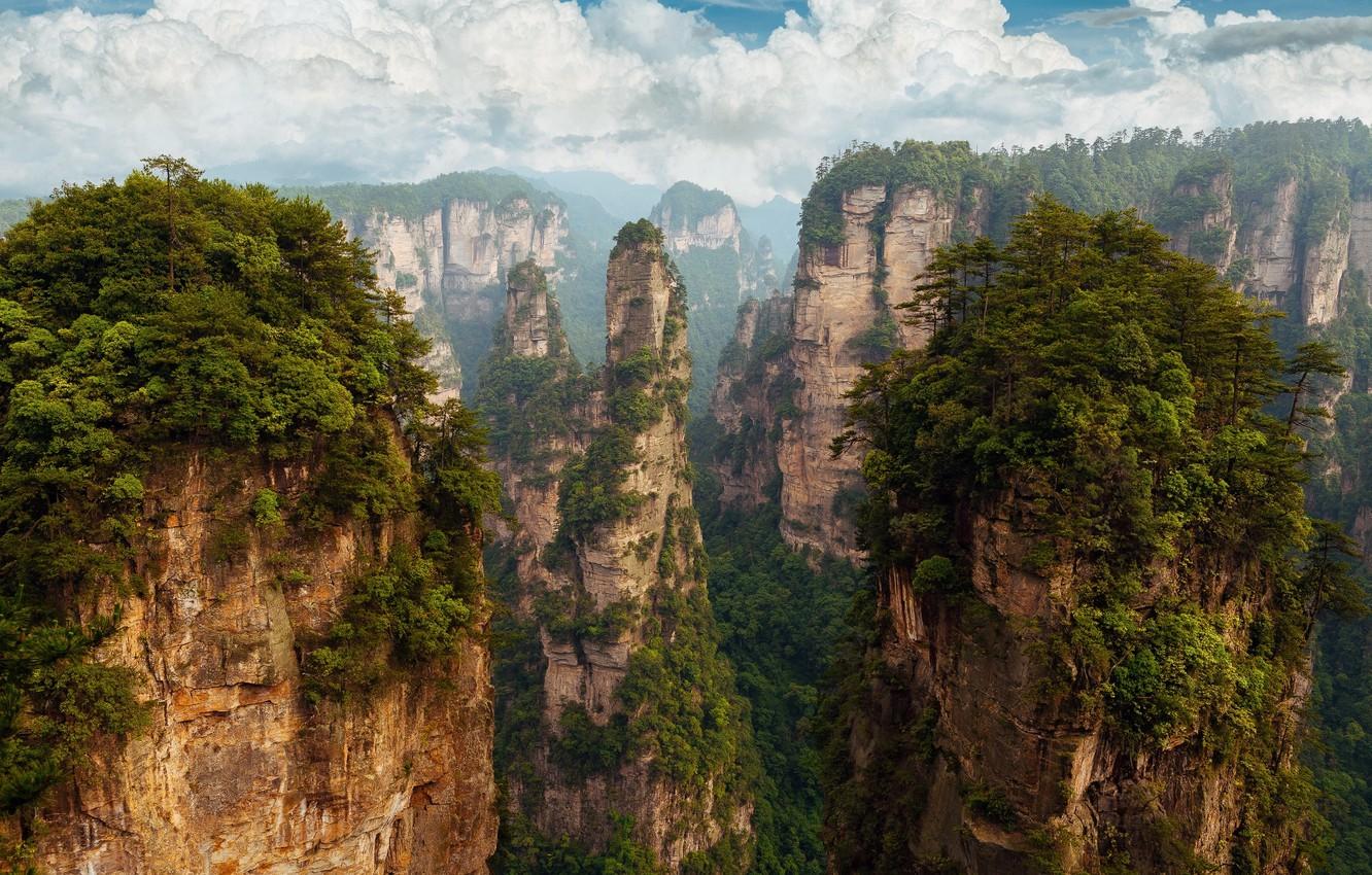 1332x850 Wallpaper the sky, clouds, rocks, China, Pandora, China, Hunan province, Hunan Zhangjiajie National Forest Park, national forest Park of Zhangjiajie image for desktop, section пейзажи