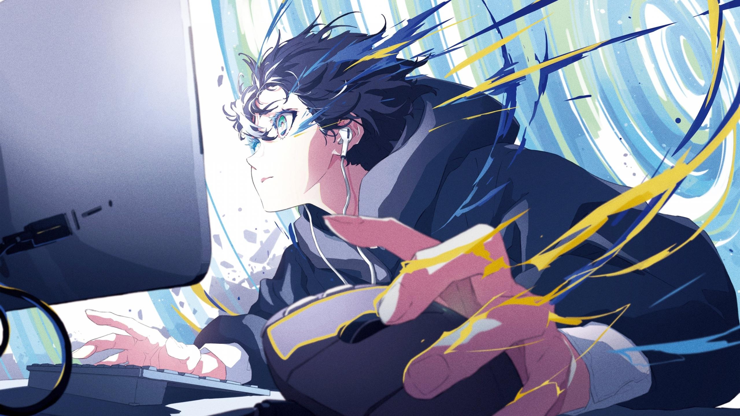 Anime Boy Gamer Playing Computer Art 4K Phone iPhone Wallpaper #4590b