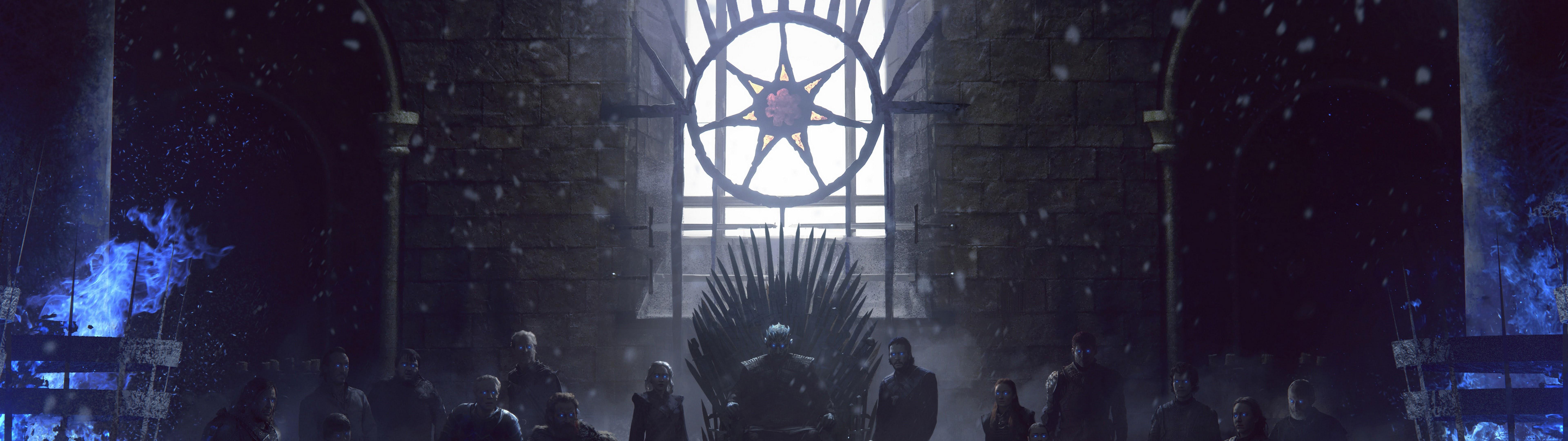 7680x2160 Game of Thrones Iron Throne Characters 4K Wallpaper