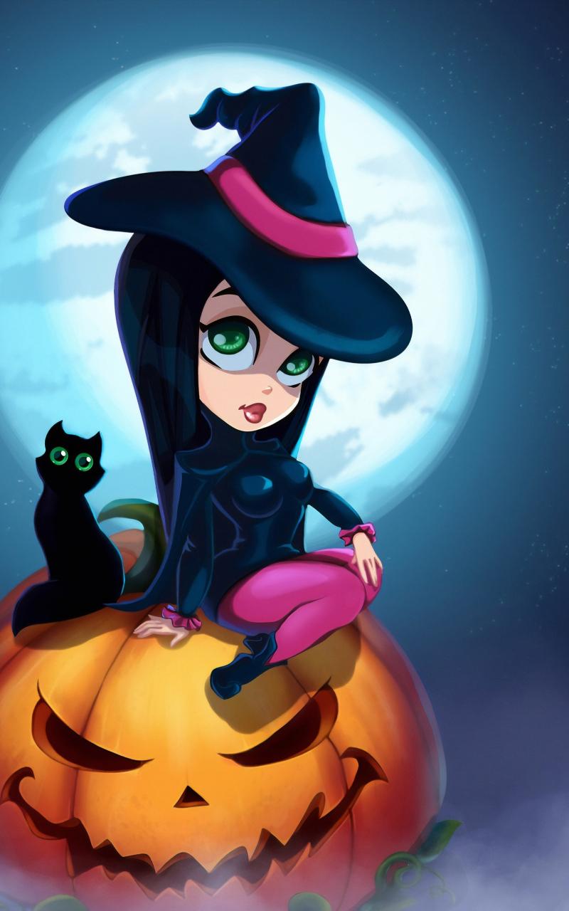 800x1280 Download 800x1280 Wallpaper Cute Witch And Kitten, Halloween, Art, Samsung Galaxy Note Gt N Meizu Mx 800x1280 HD Image Background