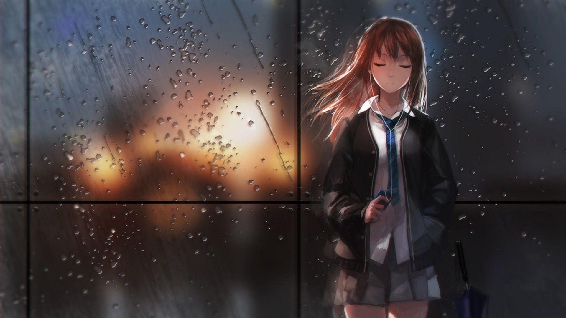 1920x1080 Tải xuống hình nền 1920x1080 cô gái, Anime, mưa, kính, ánh sáng