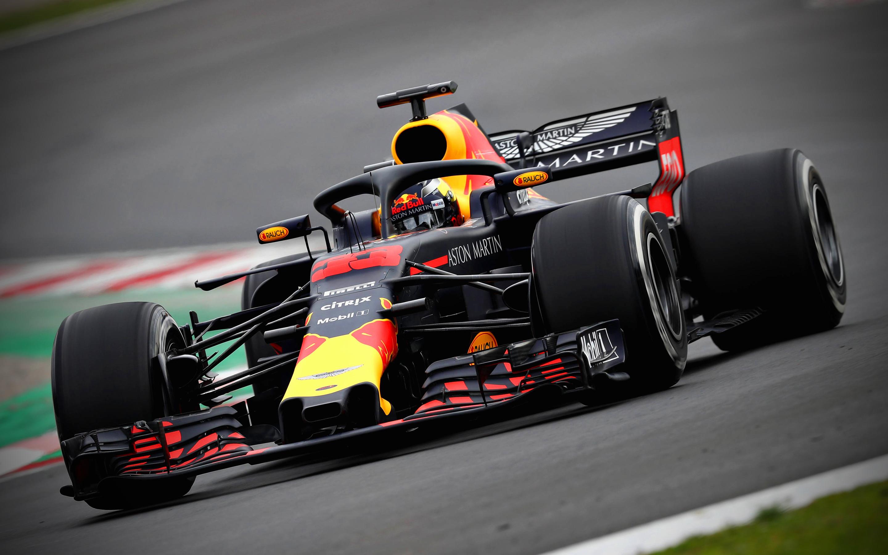 2880x1800 Download wallpaper Max Verstappen, F 4k, raceway, RB 2018 cars, Formula HALO, Aston Martin Red Bull Racing, Verstappen, Formula One, Red Bull Racing RB14 for desktop with resolution 2880x1800. High Quality
