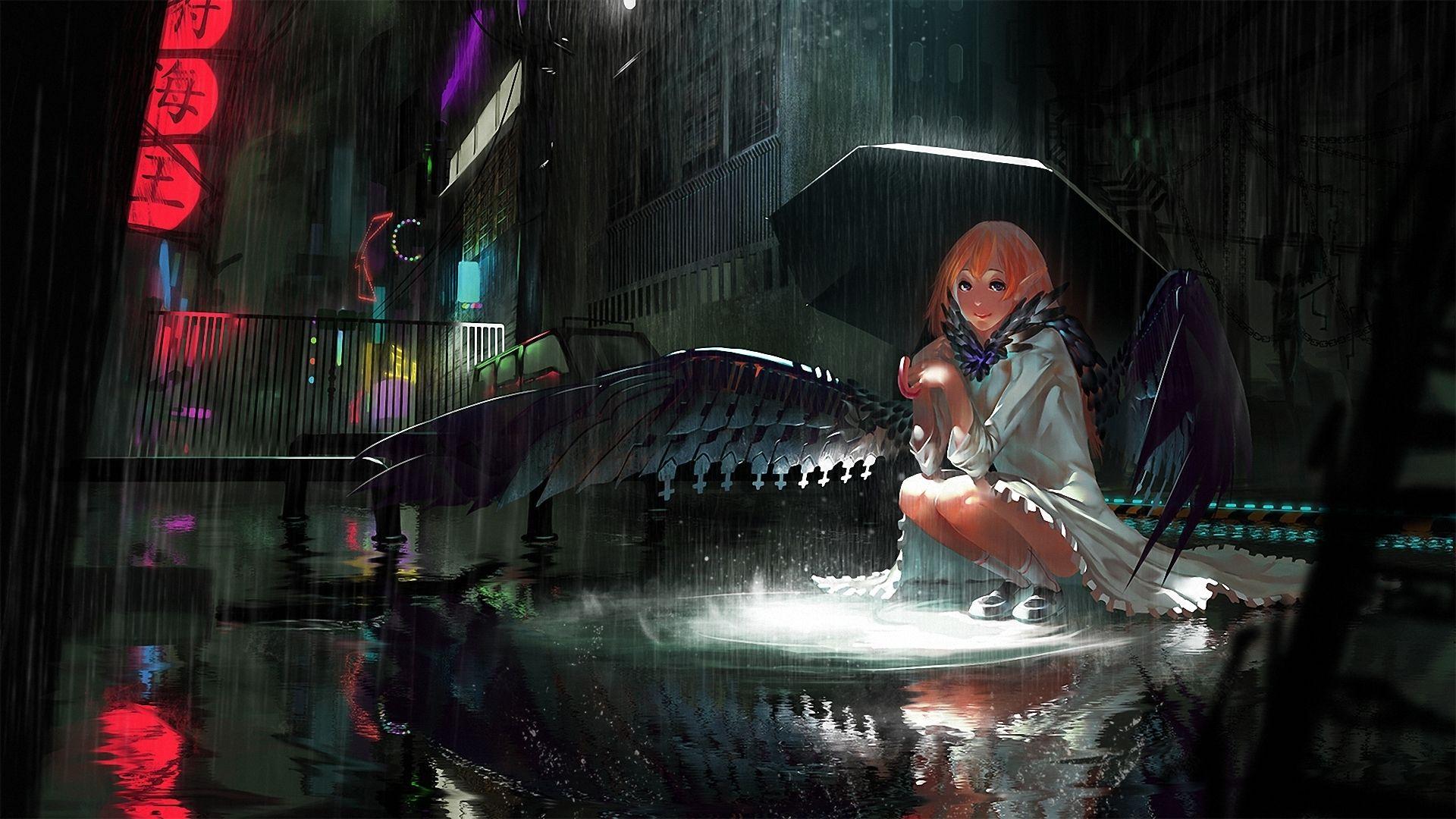 Anime Girl Rain Umbrella 4K Wallpaper 295