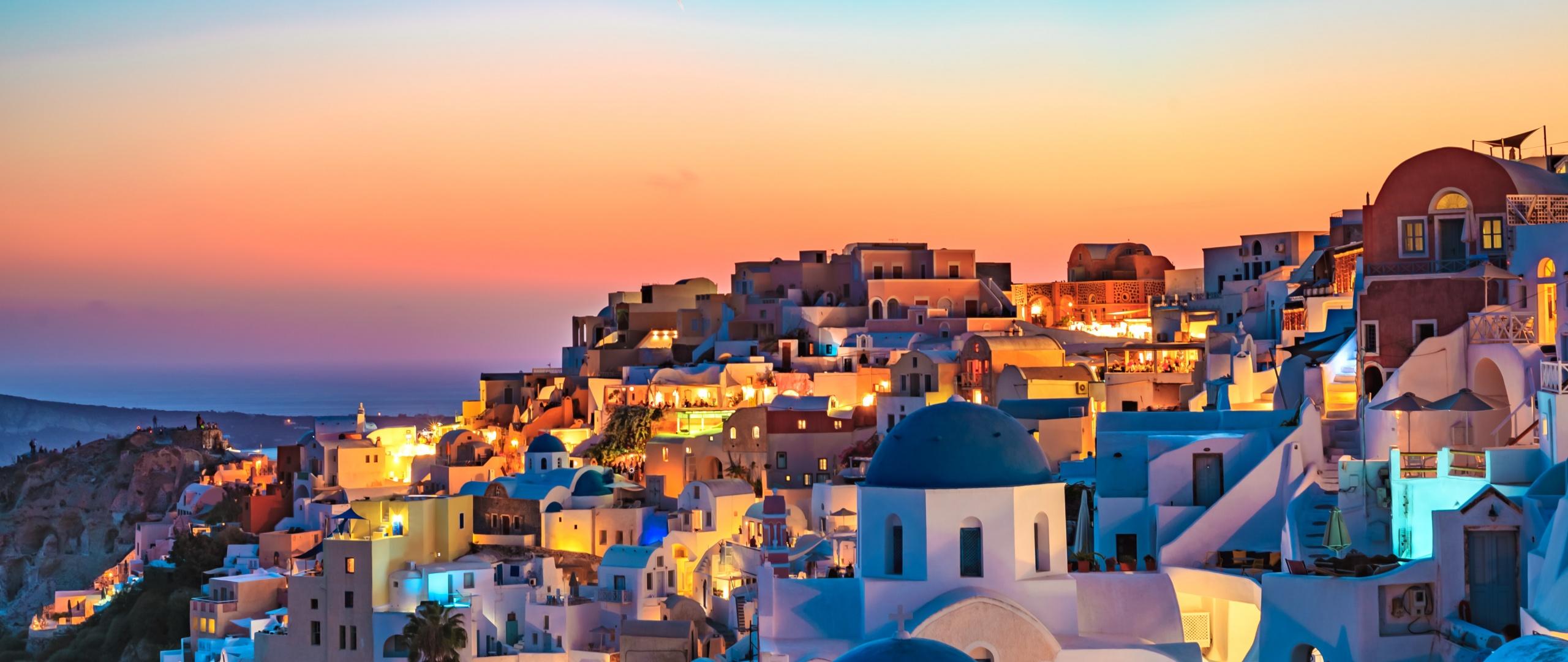 2560x1080 Oia Wallpaper 4K, Santorini, Greece, Sunset, Panoramic, World