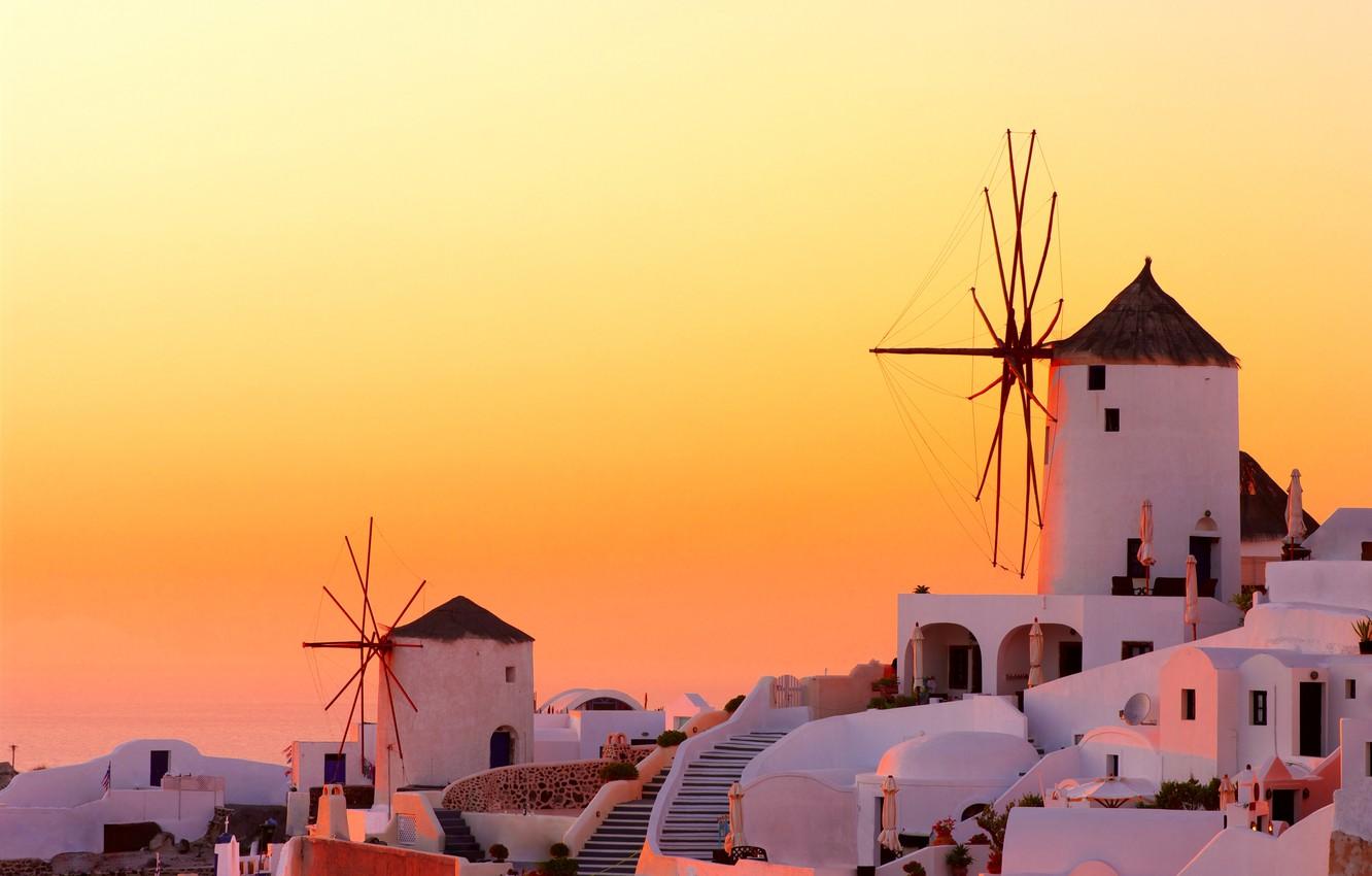 1332x850 Wallpaper sunset, the city, home, the evening, Santorini, Greece, mill, Santorini, Oia, Greece, wind image for desktop, section город