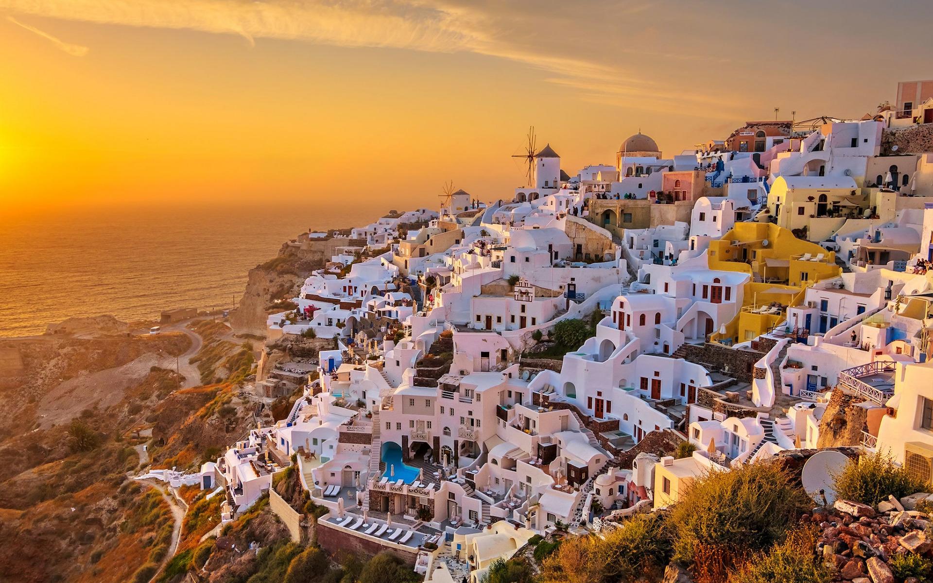 1920x1200 Download wallpaper Santorini, Oia, Thira, seascape, Aegean, Santorini cityscape, Greece, sea, sunset, evening for desktop with resolution 1920x1200. High Quality HD picture wallpaper