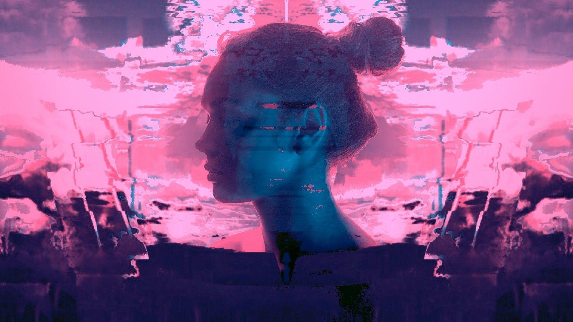 1920x1080 women, Hair Bun, Closed Eyes, Glitch Art, Vaporwave Wallpaper HD