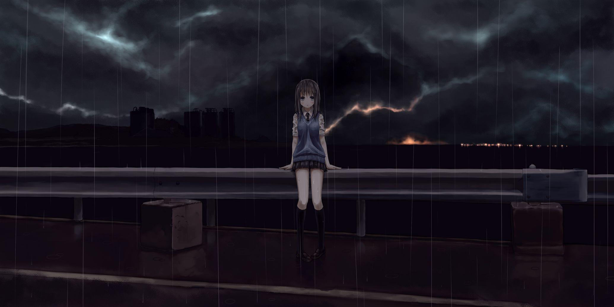 2070x1035 Anime Girl Standing In The Rain hình nền