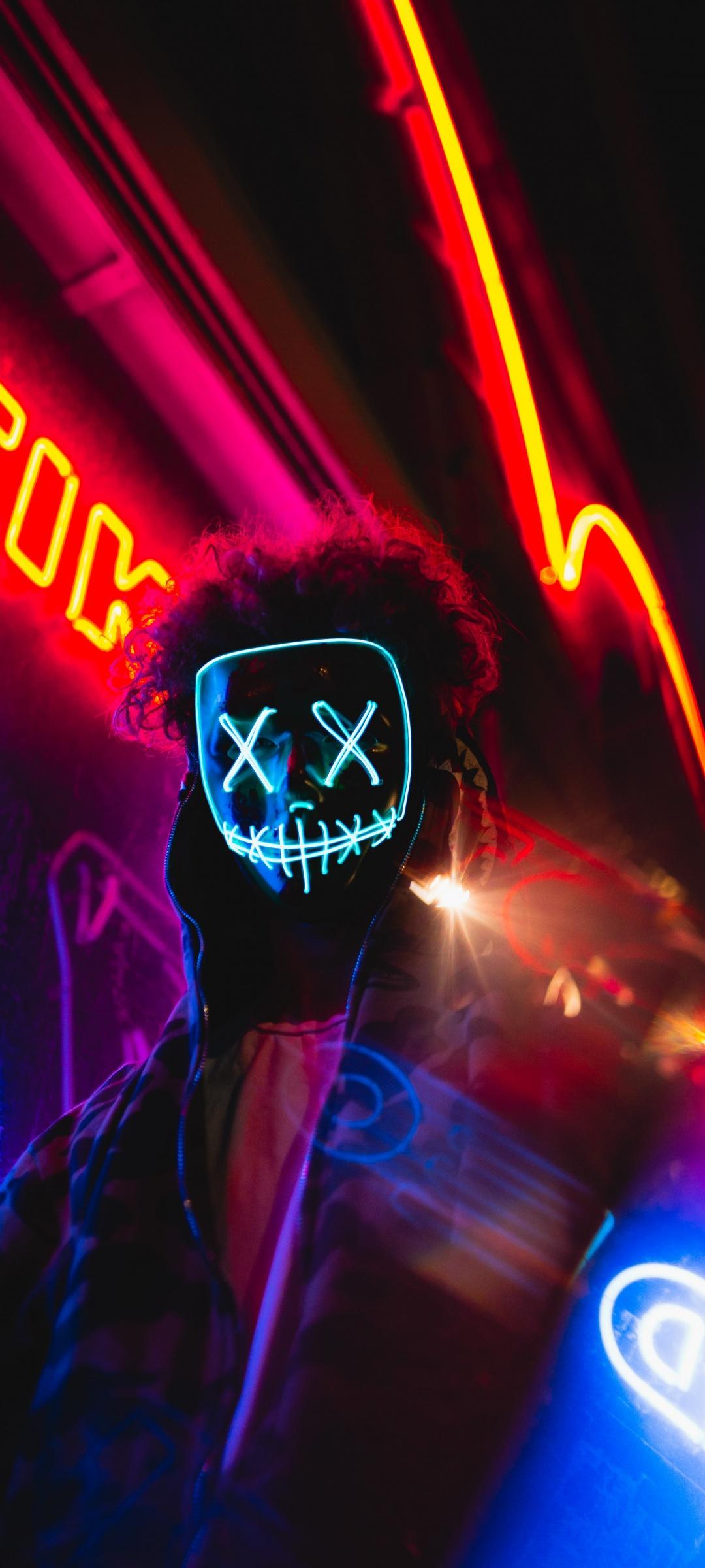 1080x2400 LED mask Wallpaper 4K, Neon Lights, Portrait, Colorful, Anonymous, 5K, Photography